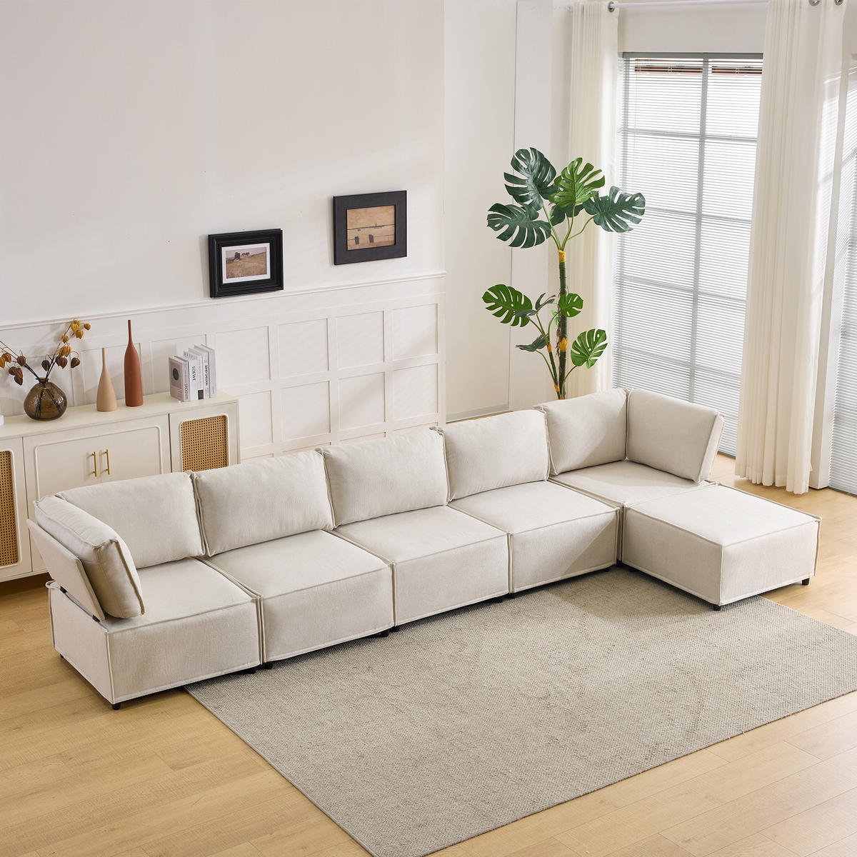 WOHNLANDSCHAFT Leinen Beige Frei kombinierbar - Beige, Holzwerkstoff/Textil (308/77/152cm) - WISHDOR