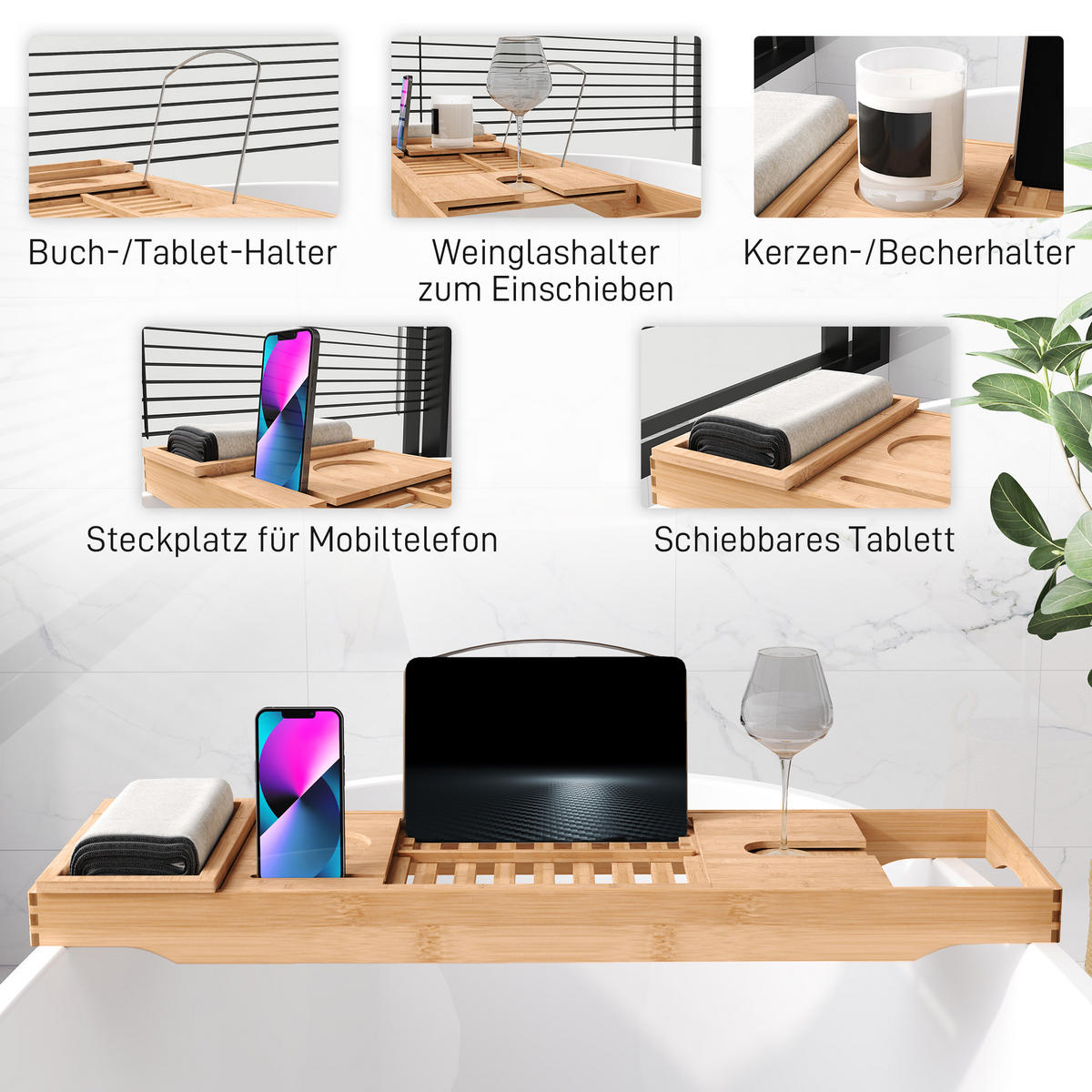 BADEWANNENABLAGE Badewannenbrücke Wannenauflage Tablett Bambus Sekthalter - Naturfarben, Holz (218/5/105cm) - HOMCOM