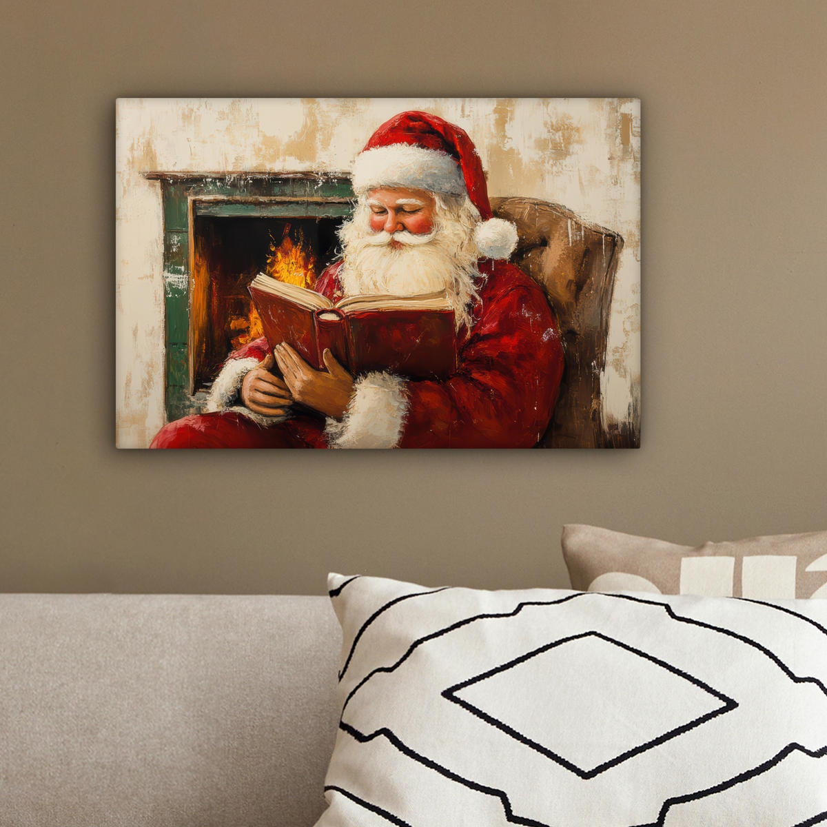 LEINWANDBILD Weihnachten - Weihnachtsmann - Winter - Open Fireside 30x20 cm - Dunkelrot, Textil (30/20cm) - MuchoWow