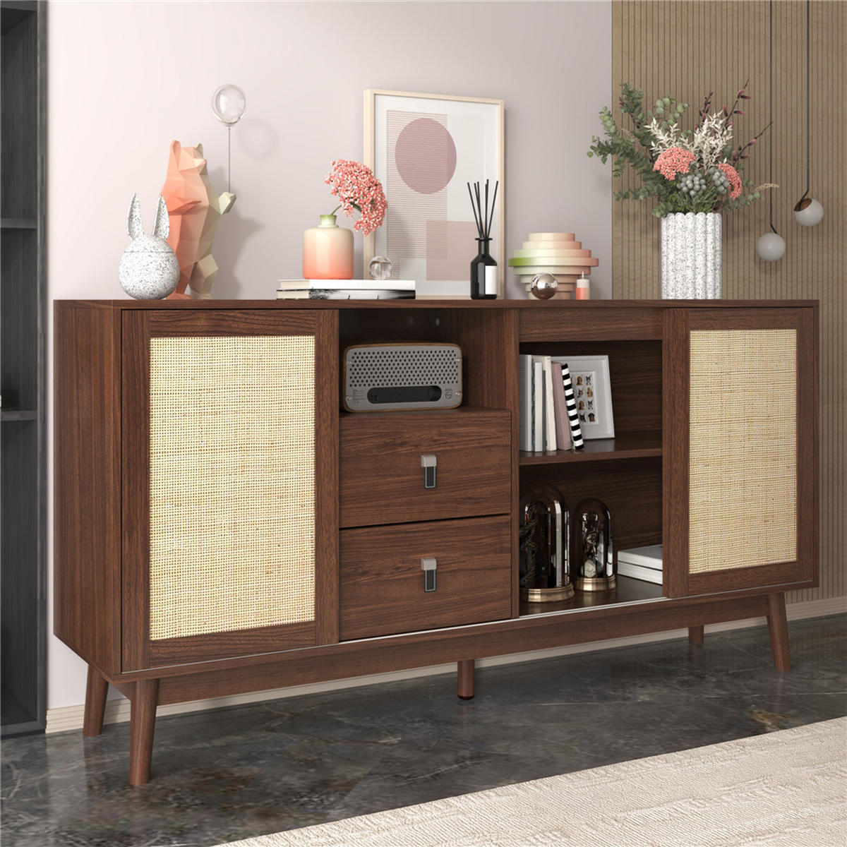 SIDEBOARD Walnussfarbe 155/80/38 cm mit 3 Schiebetüren 2 Schubladen - Walnussfarben, Holz (155/80/38cm) - Kaket