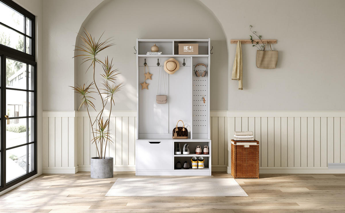 GARDEROBENSET Flurgarderobe mit Sitzbank 6 Haken Weiß 100x40x185.5cm - Weiß, Holzwerkstoff (185.4/40/100cm) - FLIEKS