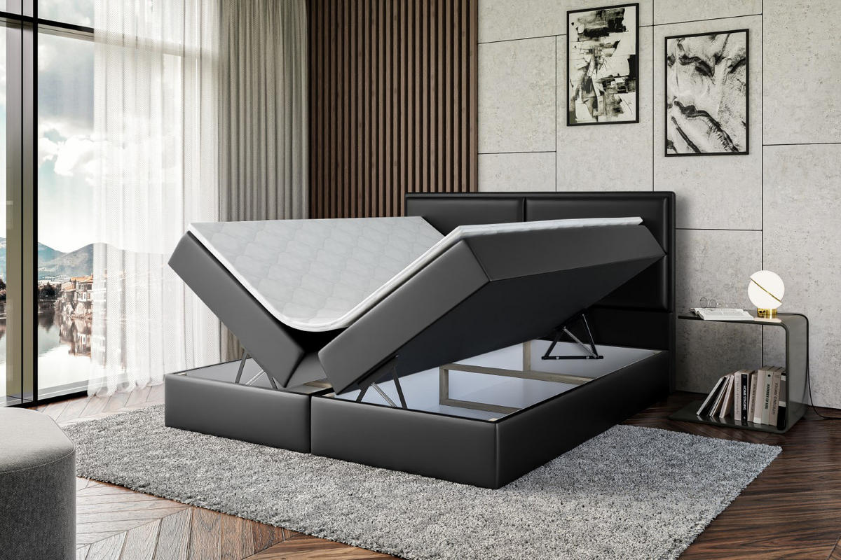 BOXBETT mit Matratze H3 und Lattenrost - AURA - 200x200 Schwarz Hochglanz - Schwarz Hochglanz, Holzwerkstoff (200/200cm) - ALTDECOR