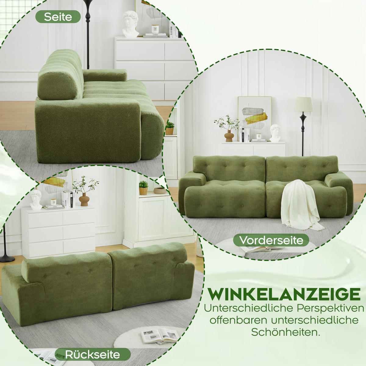 2-SITZER-SOFA aus Chenille 224x104x66 cm Grün montagefrei mit tiefer Sitzfläche, breiten Armlehnen und Knopfheftung - Grün, Textil (224/66/104cm) - Modfu