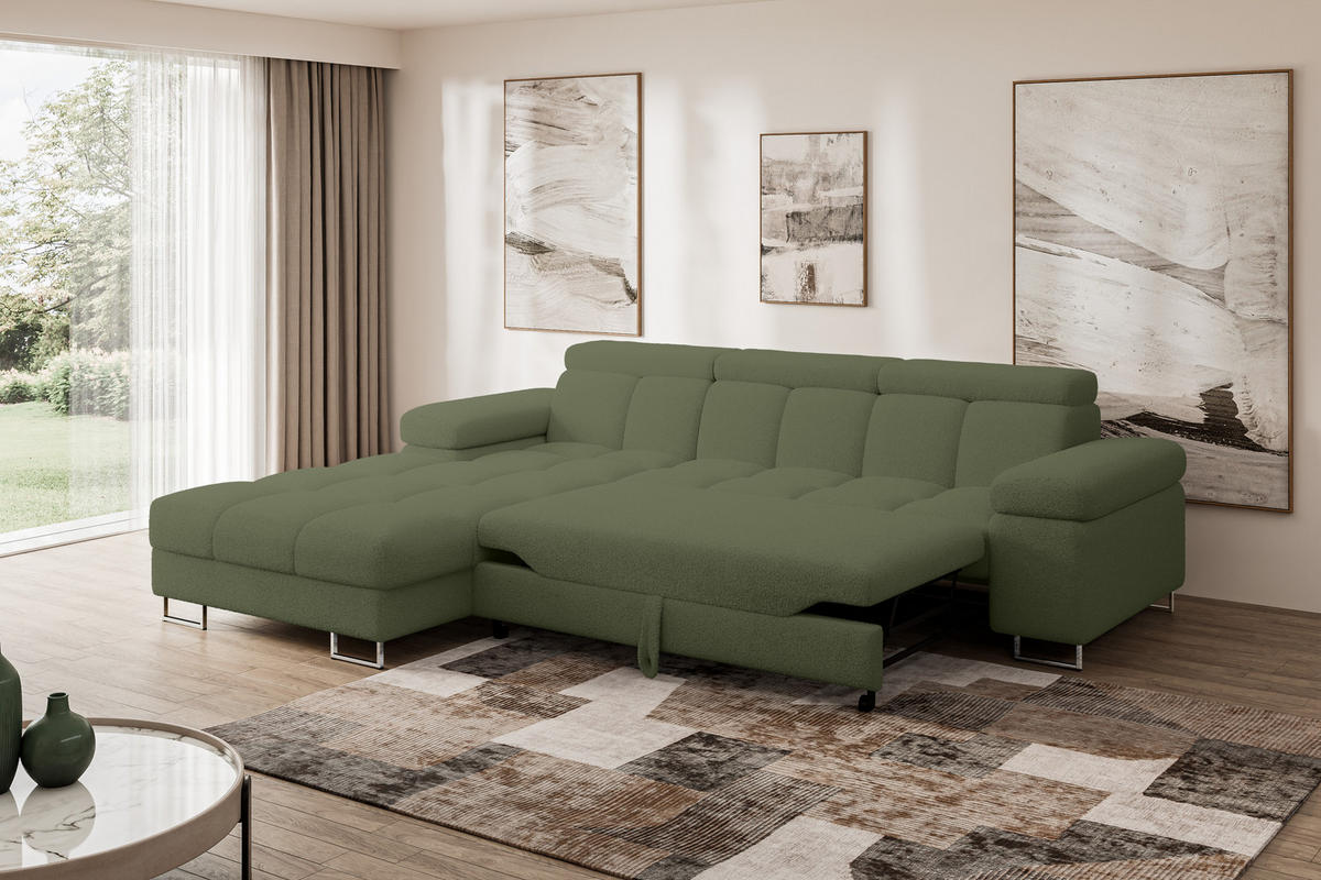 ECKSOFA mit Schlaffunktion Ottomane Links COMA L 271x203x79 Grün Bouclé - Smaragdgrün, Holzwerkstoff/Textil (271/203cm) - ALTDECOR