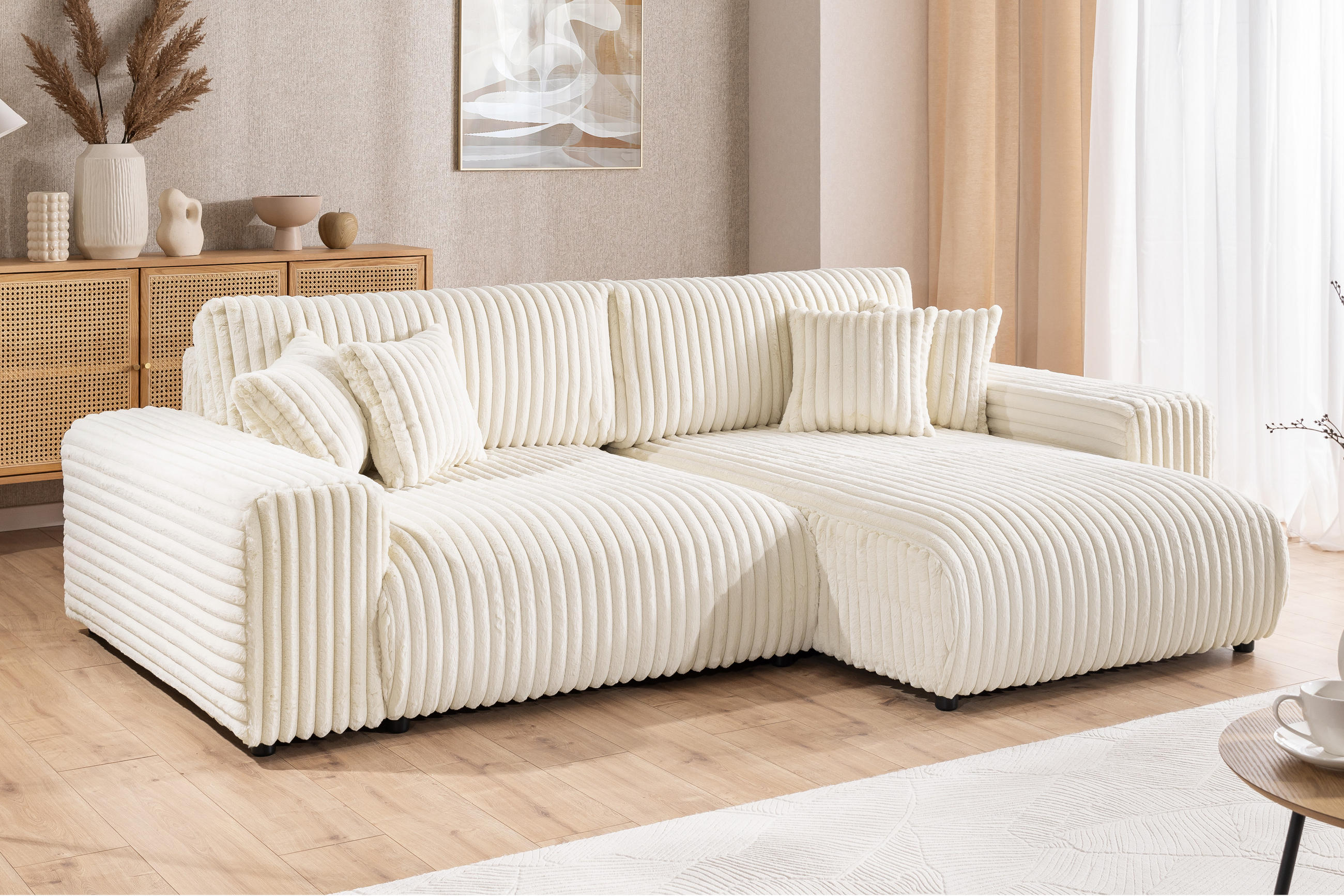 ECKSOFA Mollis Hellbeige Plüschcord - Ottomane Rechts - Beige/Schwarz, Holz/Kunststoff (255/168cm) - S-Style Möbel