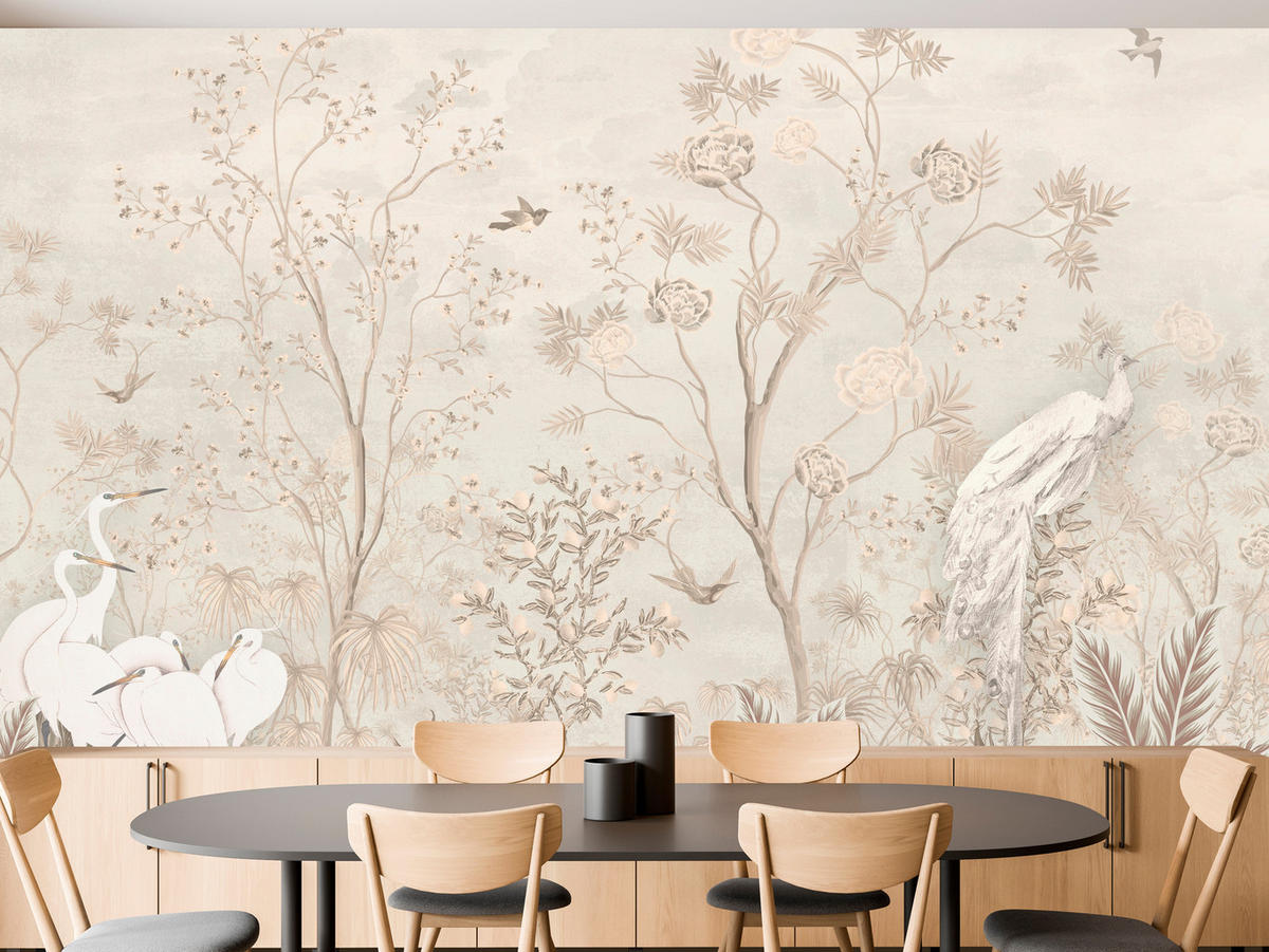 FOTOTAPETE für Esszimmer Weiße Vögel Bäumen Natur Kräne Blumen 450x315 - Beige, Papier (450/315cm) - Muralo