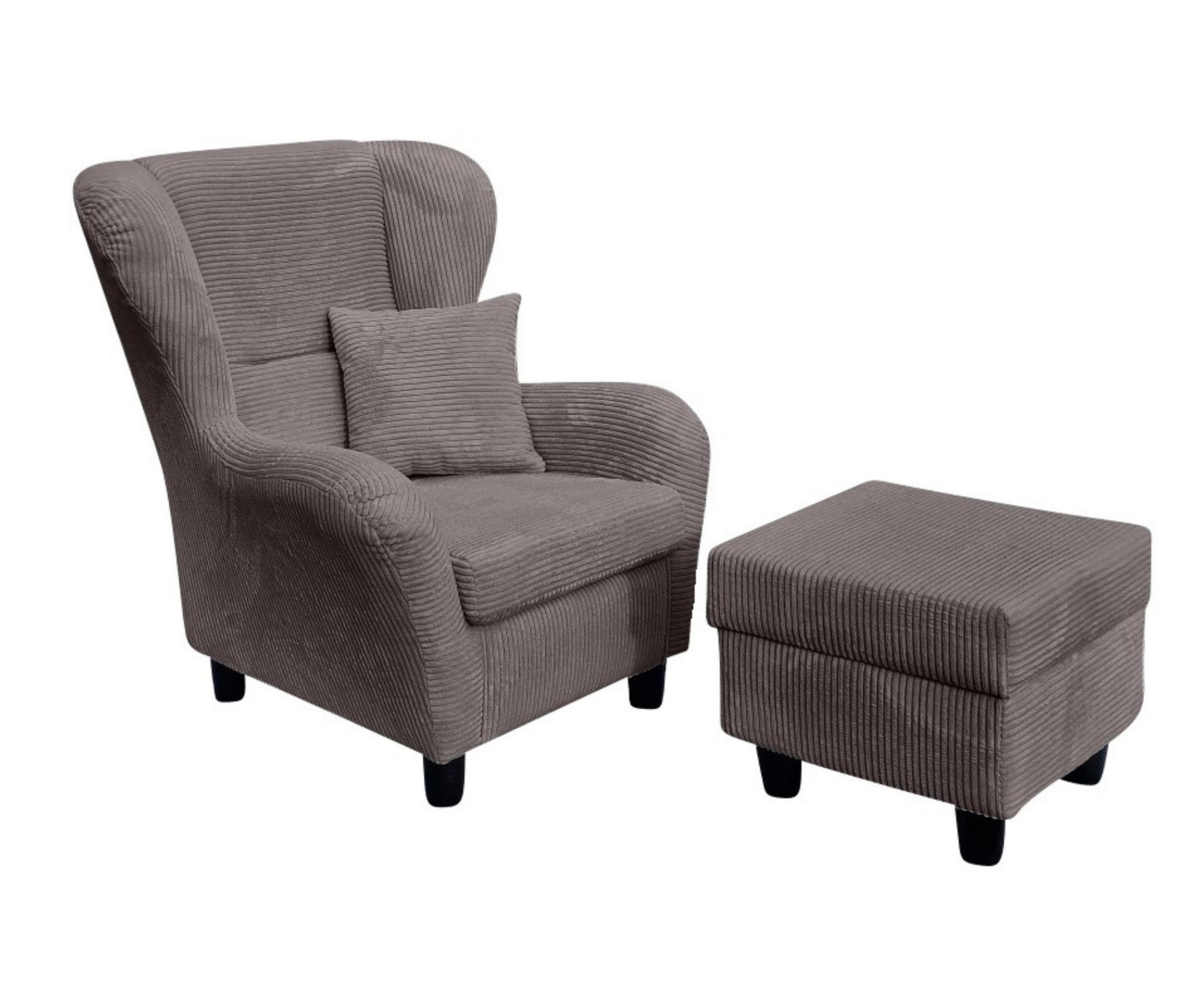 OHRENSESSEL mit HOCKER, hoher Sitzkomfort durch Wellenunterfederung B90/H98/T76 cm, Cord Grau / 18019 - Schwarz/Grau, Holz/Textil (90/98/76cm) - luma-home