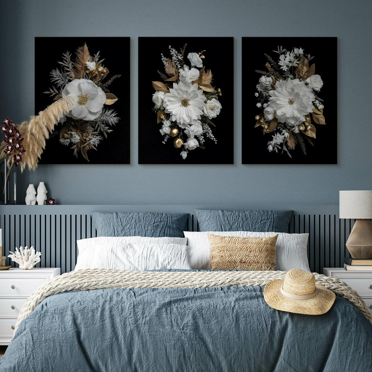 LEINWANDBILDER 3-es Set Blumen Natur 3D - Beige/Schwarz, Textil (90/40cm) - Muralo