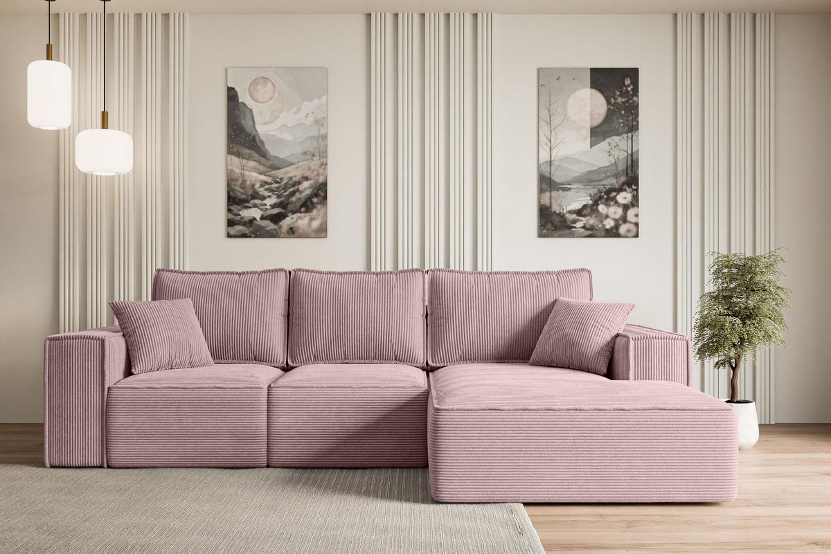 ECKSOFA mit Schlaffunktion und Bettkasten SERRA-L-S - 266x161x87 cm Rosa Cord - Schwarz/Rosa, Holzwerkstoff/Kunststoff (266/161cm) - ALTDECOR