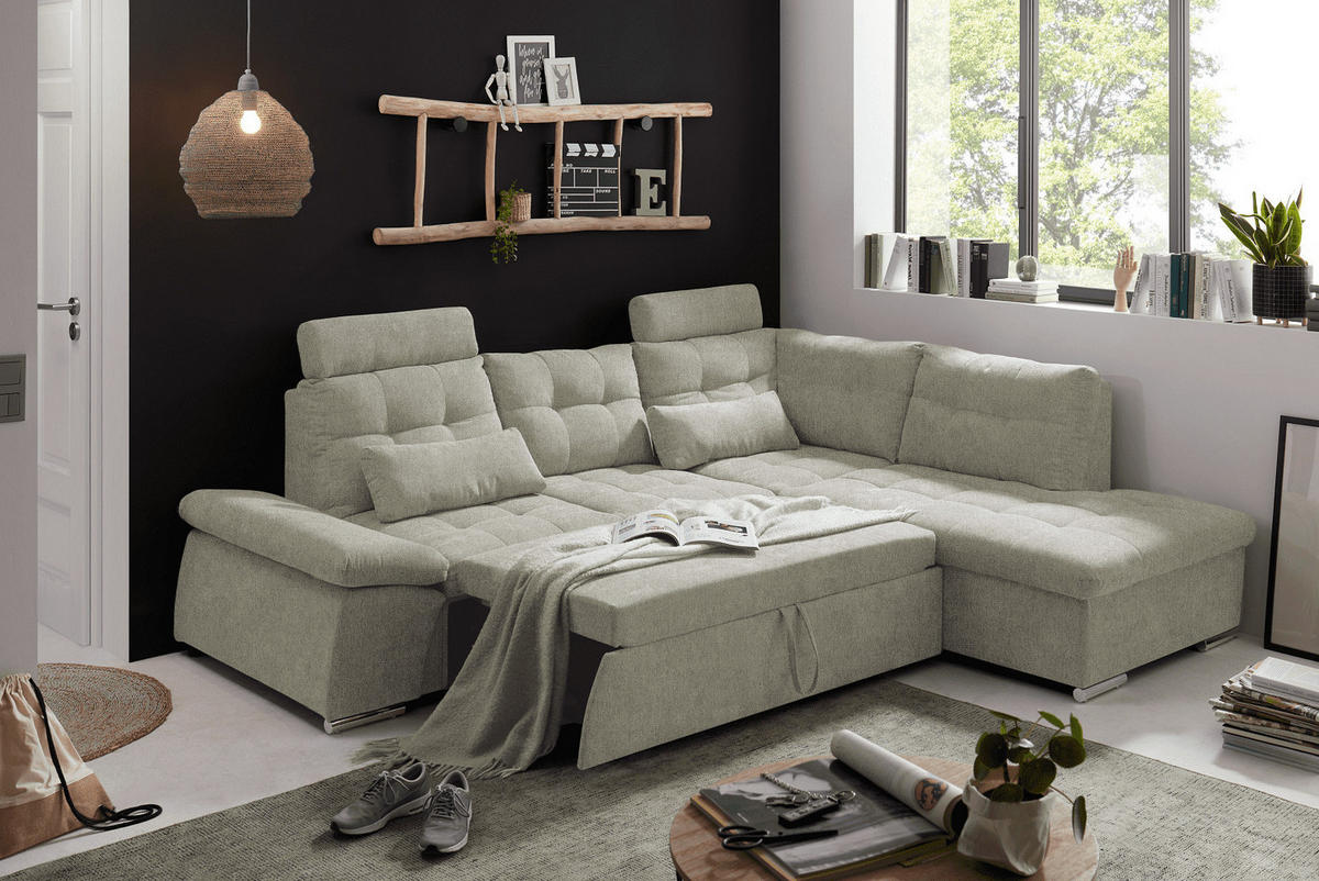 ECKSOFA mit Schlaffunktion, verstellbare Armlehne und Kopfstützen - Chromfarben/Beige, Textil (219/260cm) - ed exciting design