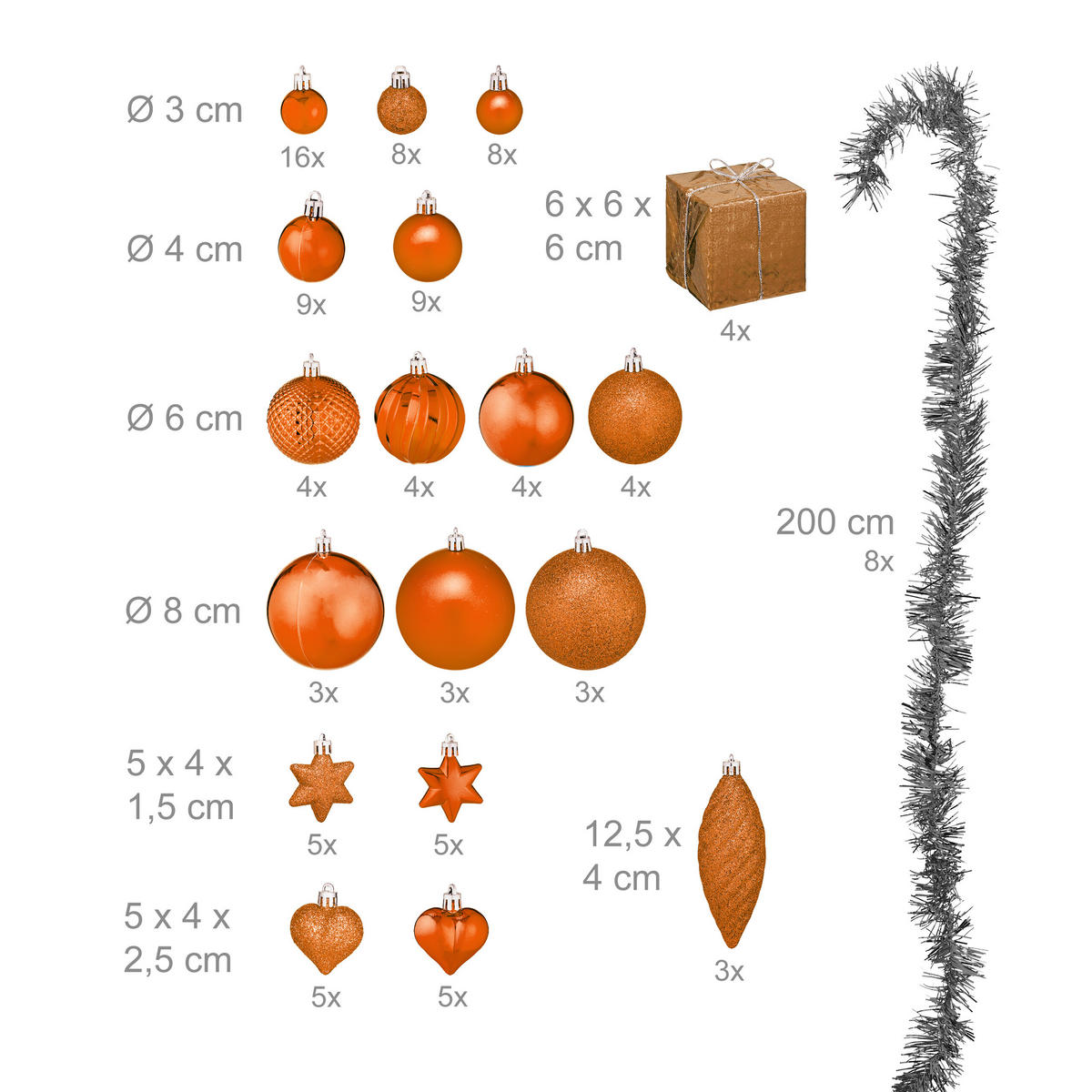 110-TLG.WEIHNACHTSKUGELN-SET - Orange, Kunststoff (8/9/8cm) - Relaxdays