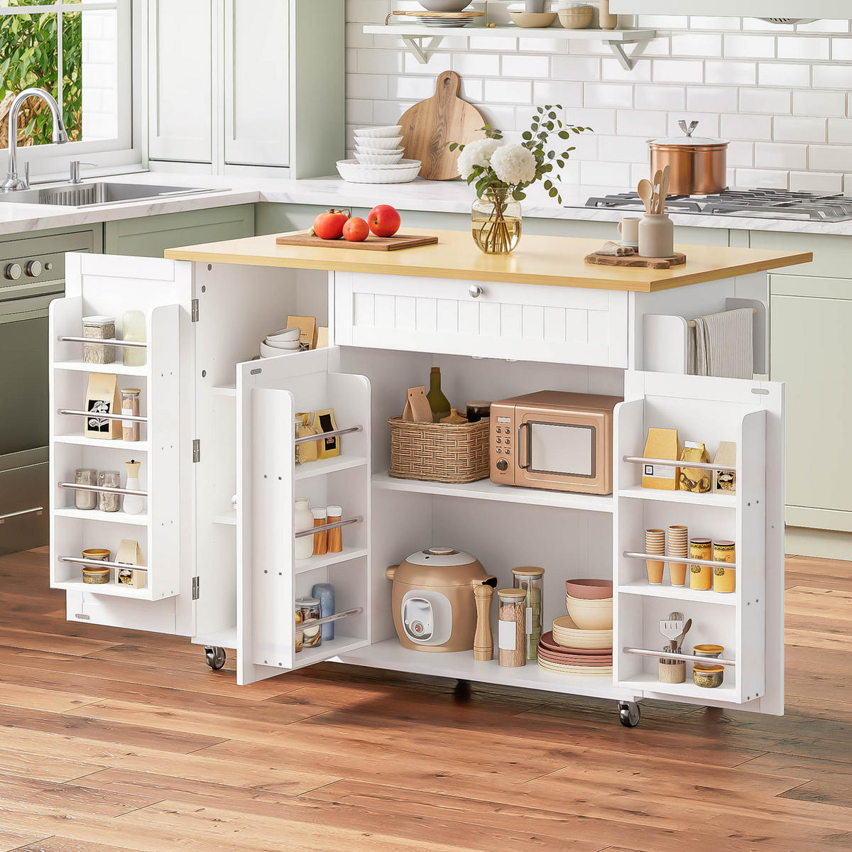 KÜCHENINSEL 120 cm FSC MDF Natur Weiß mit Klappbarer Arbeitsplatte und Bartisch Funktion - Weiß, Holzwerkstoff (70/92/120cm) - Korfee