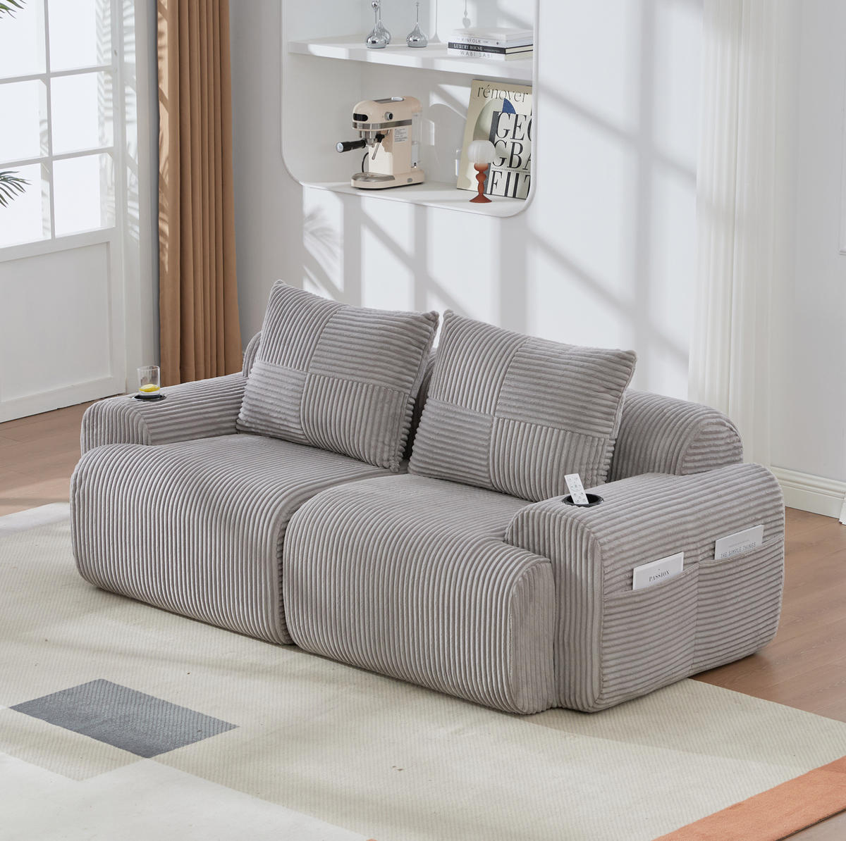 SOFA od samta, 200/99/80 cm svijetlosiva, 2-sjed s držačem za piće - svijetlo siva, tekstil (100/80/200cm) - BEAOK
