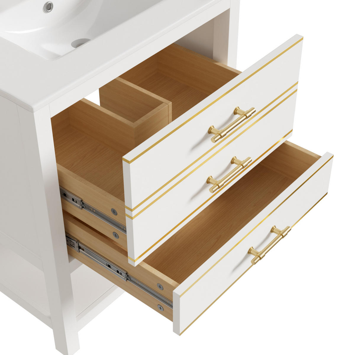 WASCHTISCH Badmöbel mit Keramikbecken Weiß 2 Schubladen Offenes Fach Goldgriffe - Goldfarben, Holz/Metall (76/86/46cm) - PARAFTA HOME