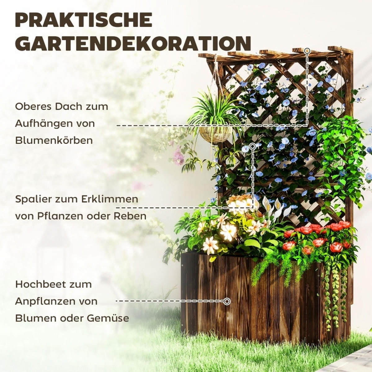 BLUMENKASTENHALTER mit Rankgitter & Hängedach Fichtenholz 64x33x122 cm - Braun, Holz (33/122/64cm) - Modfu