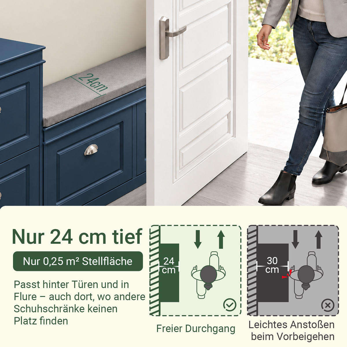 SCHUHBANK, nur 24 cm tief, Blau, 104x52x24cm, 2 Klappen für 8 Paar, Schublade und Haken, für Flur & Diele - Blau, Holzwerkstoff (104/52/24cm) - SoBuy