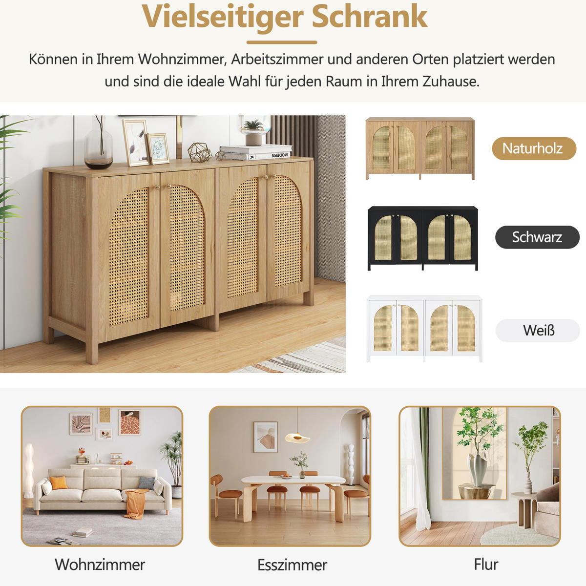 SIDEBOARD 145/40/80 cm natur aus MDF mit 4 Rattantüren - Naturfarben, Holzwerkstoff (145/40/80cm) - OKWISH