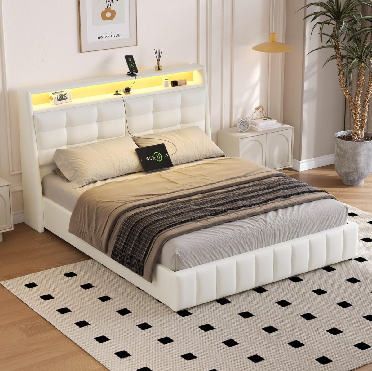 POLSTERBETT 160/200 cm Weiß mit LED-Beleuchtung USB-Anschlüssen und Stauraum - Weiß, Textil (160/200cm) - OKWISH