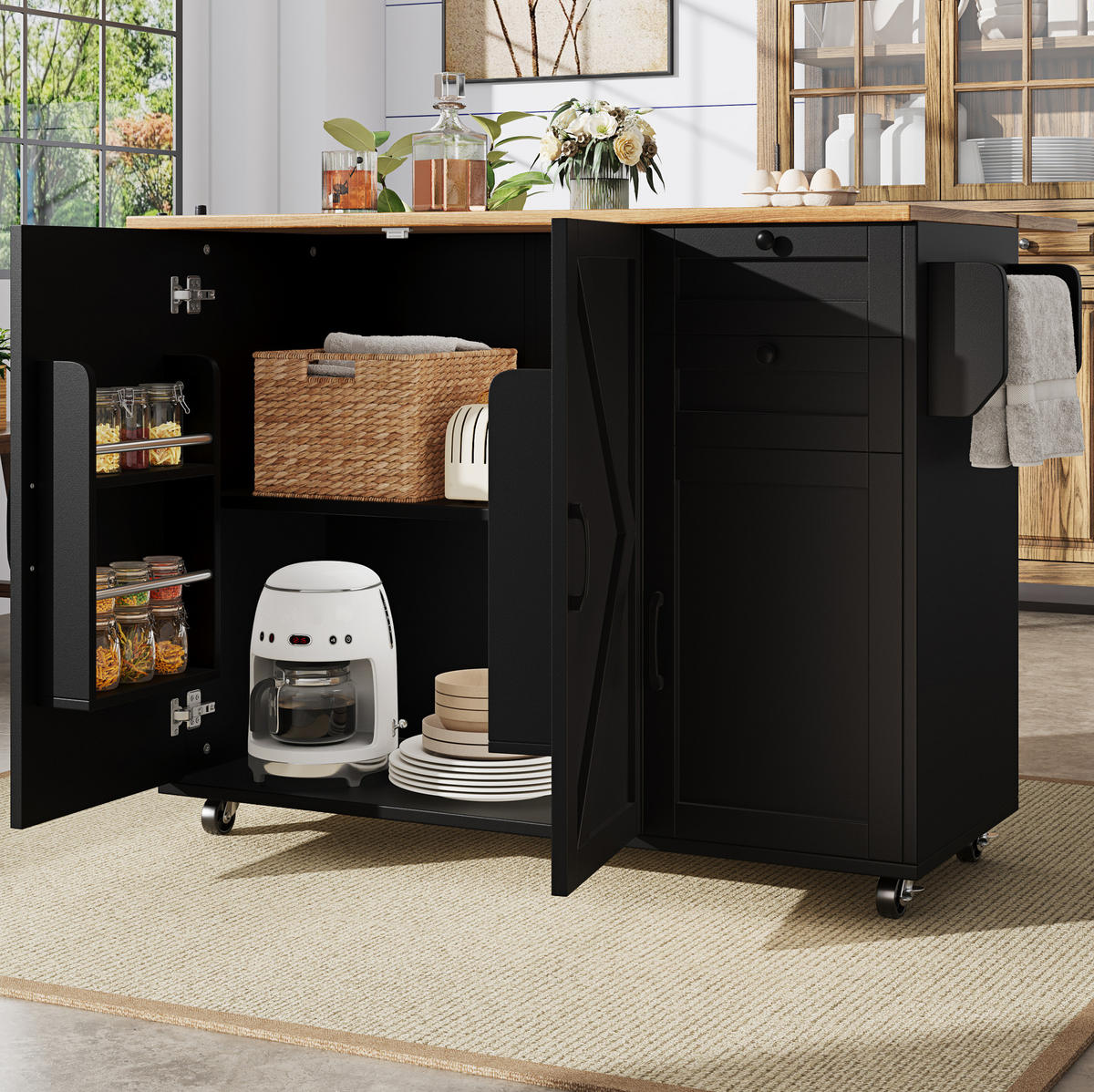 KÜCHENINSEL mit Klapptisch 120 cm Black - Schwarz, Holz (43.2/92/120cm) - Beauniv