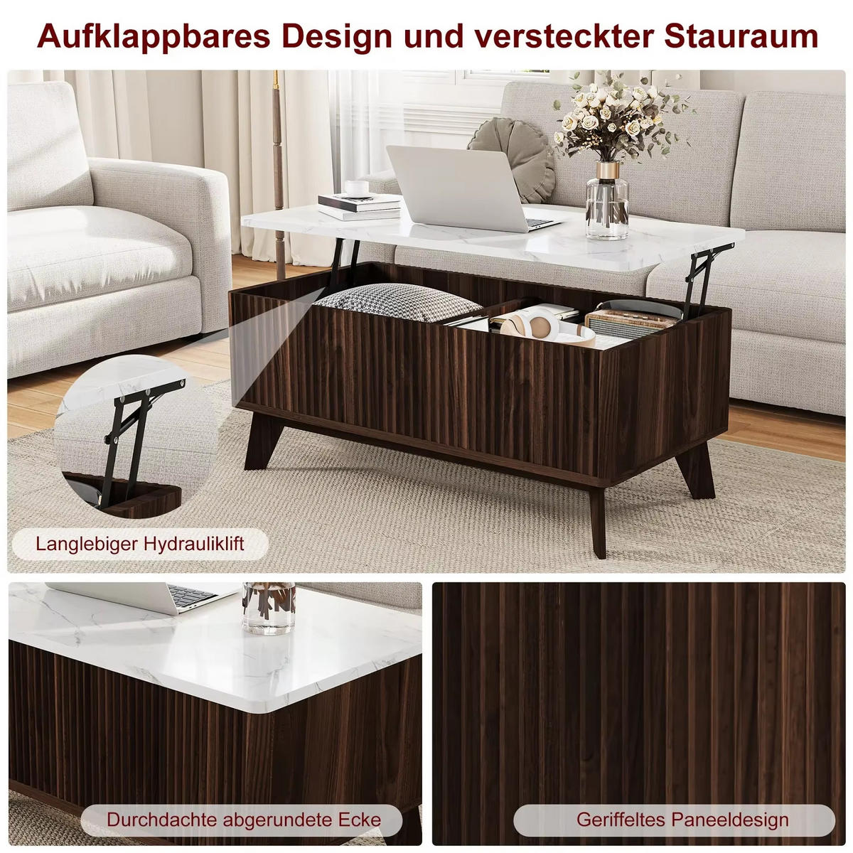 COUCHTISCH 105x42x53 Lift-Top Marmoroptik Walnuss Stauraum - Walnussfarben, Holz (105/53/42cm) - Kaket