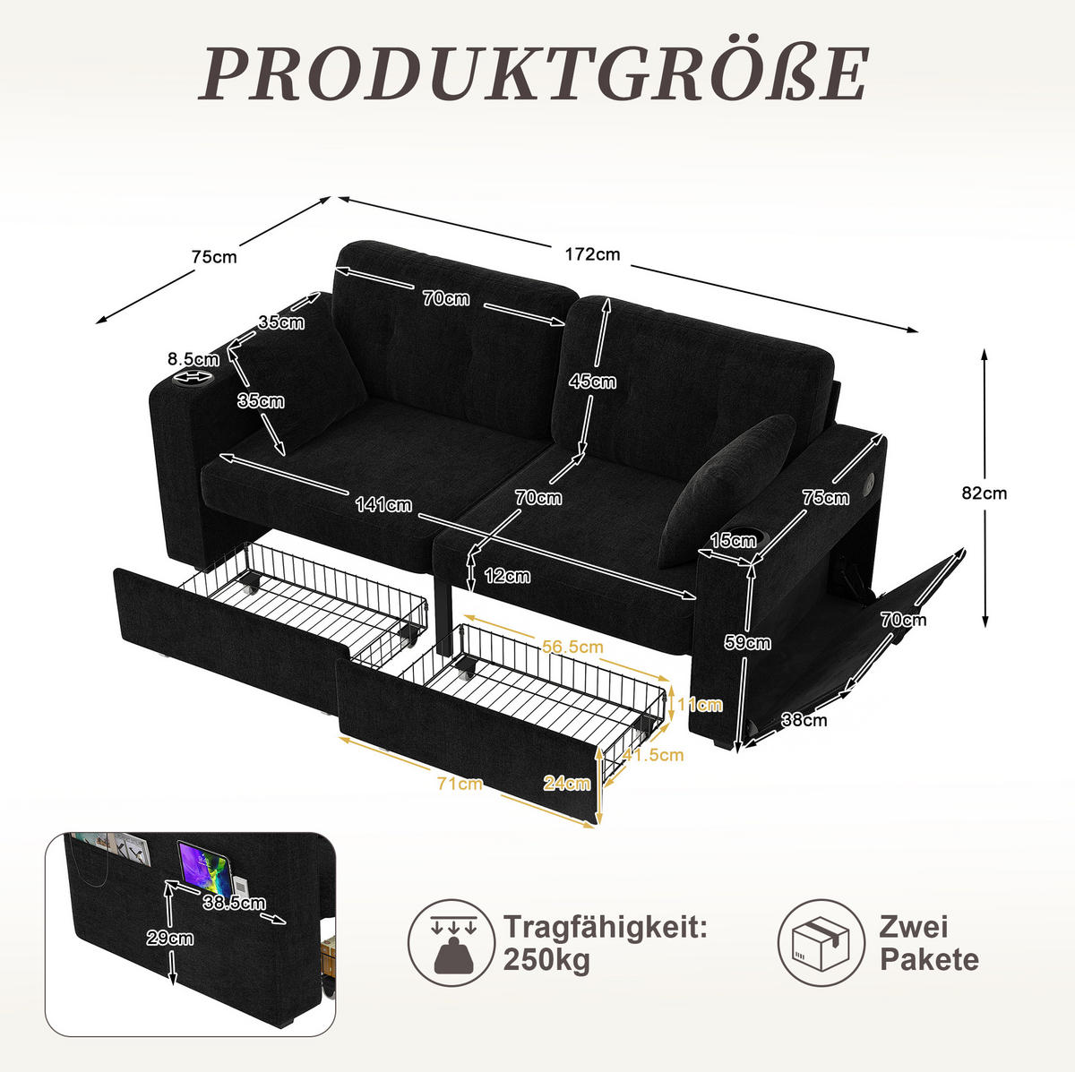 2-SITZER Sofa 172/75/82 cm mit USB-Anschlüssen, Stauraumschubladen und Getränkehaltern, Chenille, Schwarz - Schwarz, Textil (172/82/75cm) - Redom