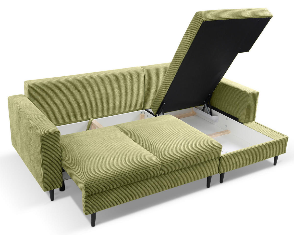 ECKSOFA Nalika Pistaziengrün mit Cordbezug - Schwarz/Hellgrün, Holz/Textil (230/143cm) - Selsey