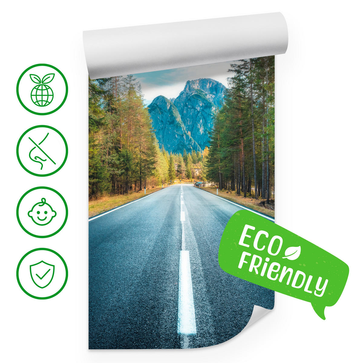 FOTOTAPETE für Wohnzimmer Asphaltstraße Bergwald Bäume Pflanzen 100x70 - Gelb/Schwarz, Papier (100/70cm) - Muralo