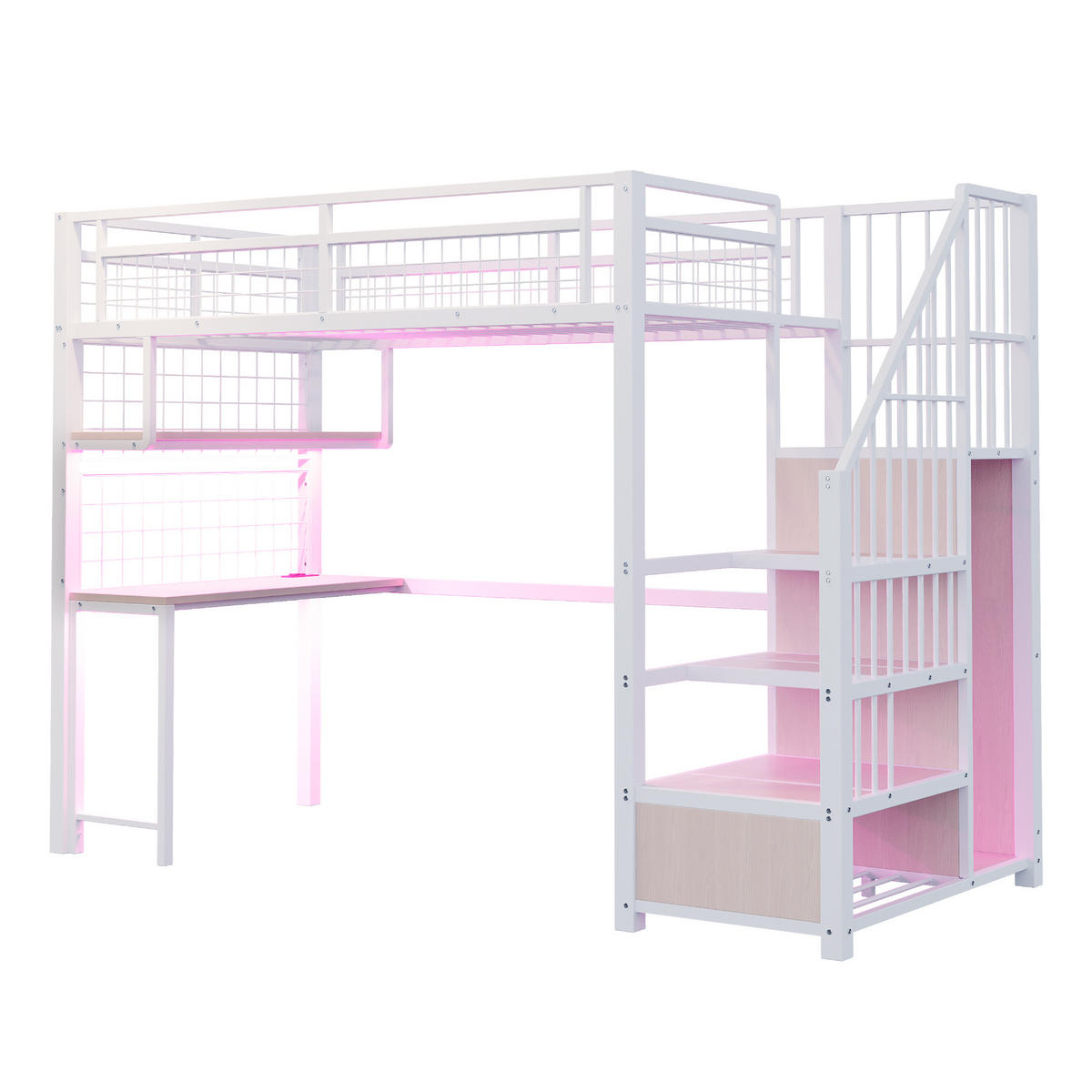 HOCHBETT 90/200 cm Weiß mit Lichtleiste und Stauraumleiter - Weiß, Metall (90/200cm) - OKWISH