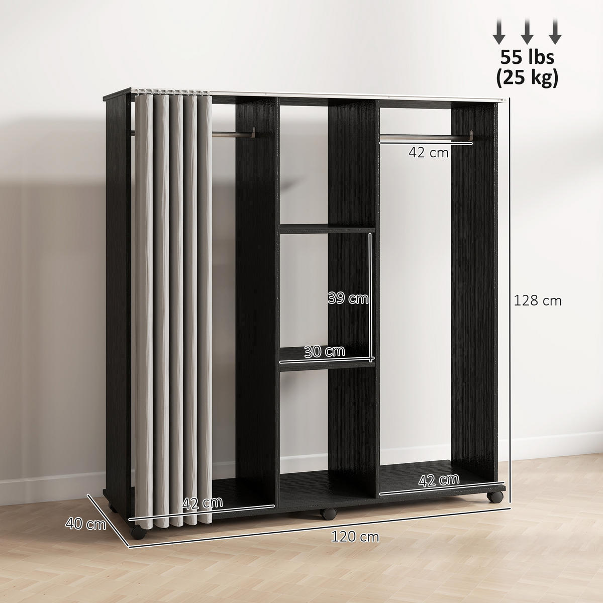 KLEIDERSCHRANK DE-17206 Schwarz - Schwarz, Holzwerkstoff (40/128/120cm) - ComfortXL