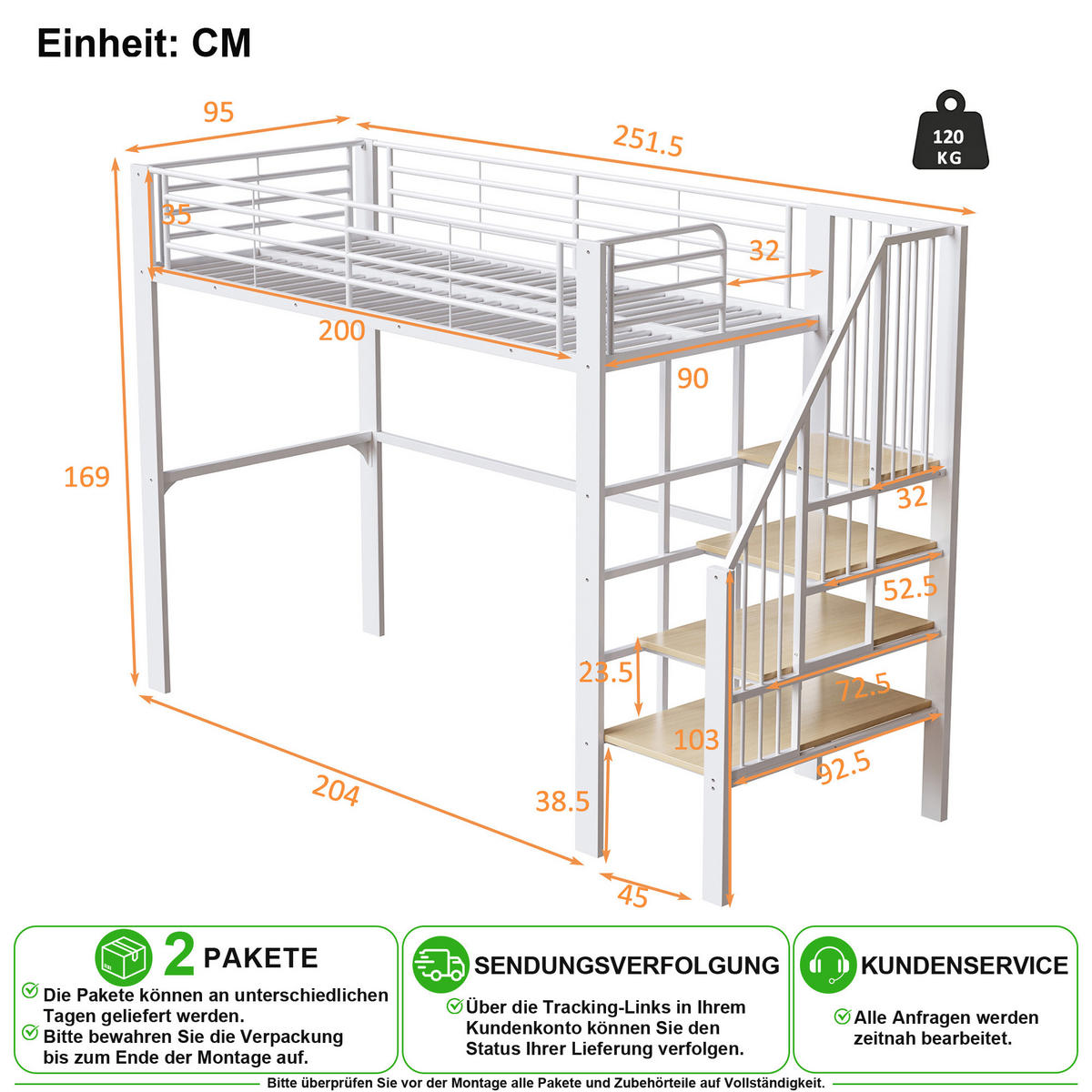 HOCHBETT 90/200 cm in Weiß mit Treppe und Stauraum - Weiß, Holzwerkstoff/Metall (90/200cm) - CHICFURN