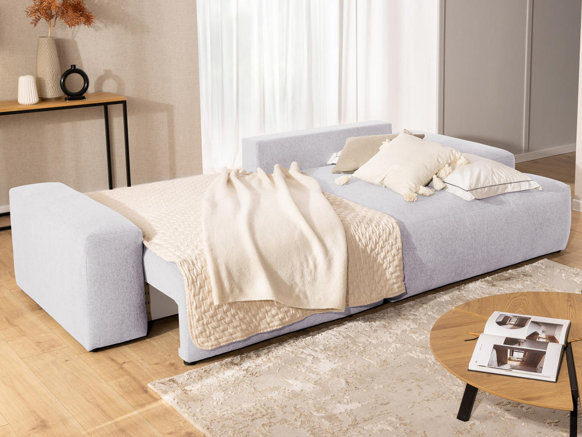 ECKSOFA Lennon aus Greige Strukturstoff mit Schlaffunktion und Bettkasten - Greige/Schwarz, Holz/Kunststoff (264/137cm) - S-Style