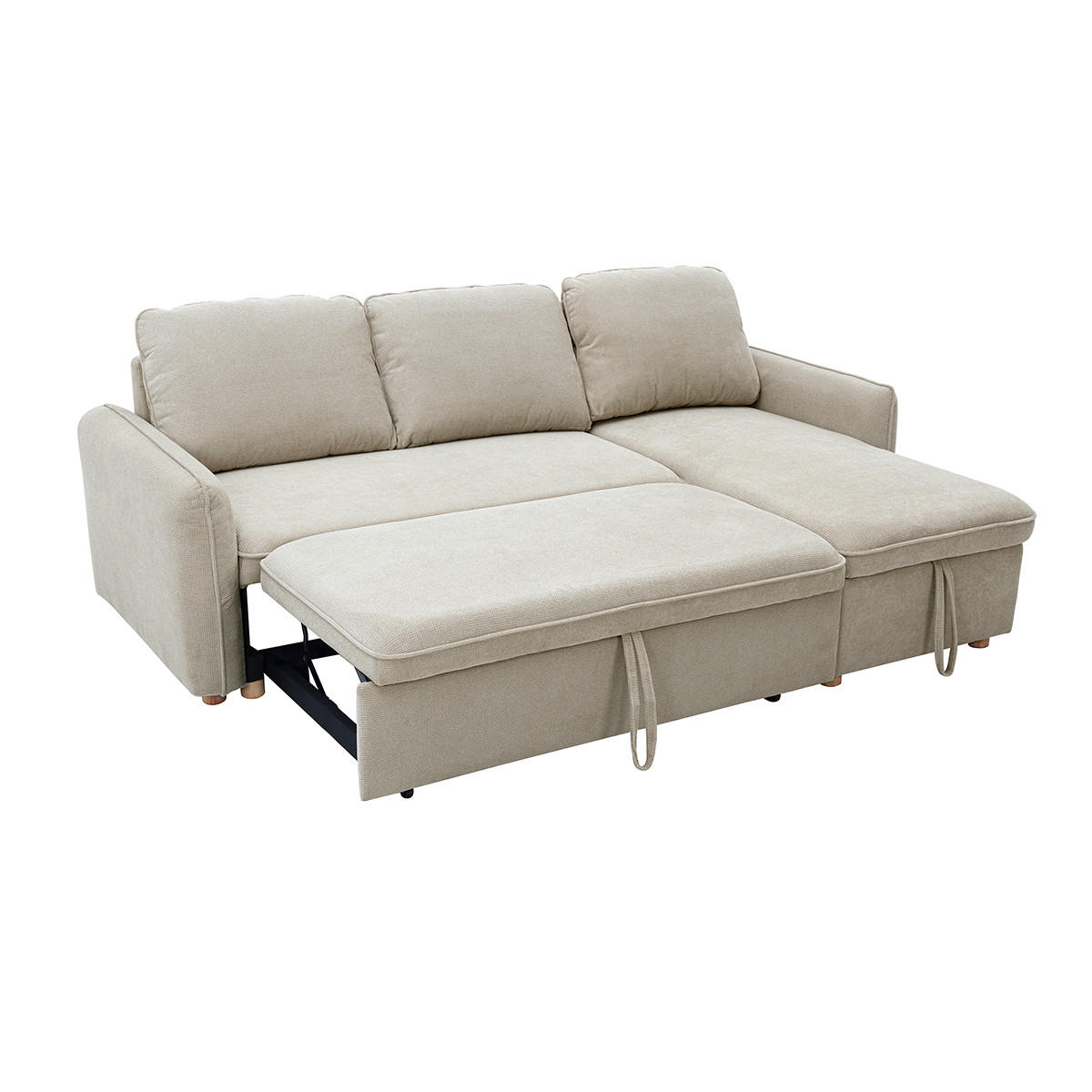 ECKSOFA mit umkehrbarer Schlaffunktion und Stauraum, 3-Sitzer in strukturiertem Samt-Optik Stoff beige und hellem Holz ORSO - Beige, Textil (139.5/83/212cm) - Miliboo