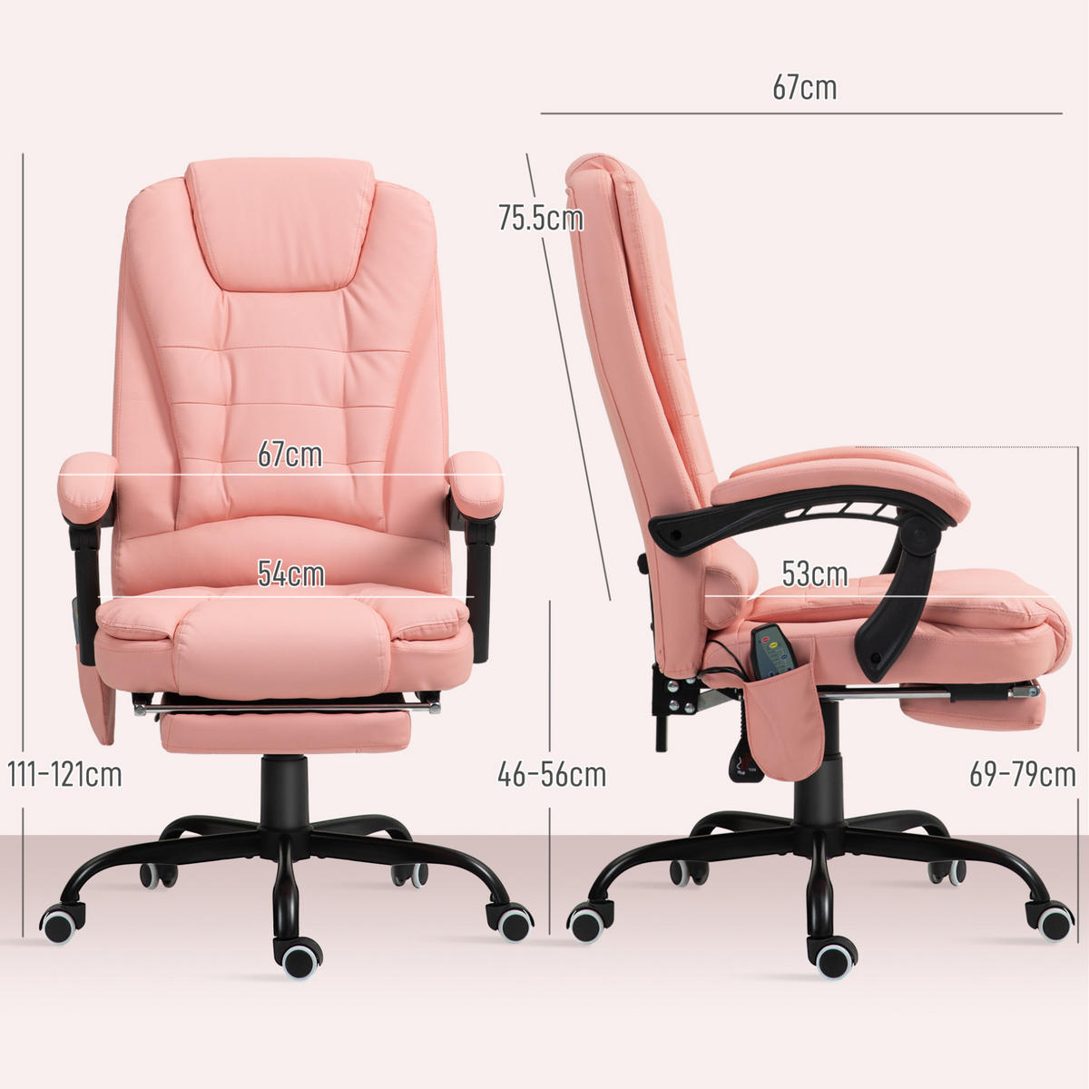 PISARNIŠKI stol 67/67/111-121 cm z 7-točkovno vibracijsko masažo, nastavljivim naslonom in izvlečnim naslonom za noge, Roza - pink, umetna masa (67/121/67cm) - Redom