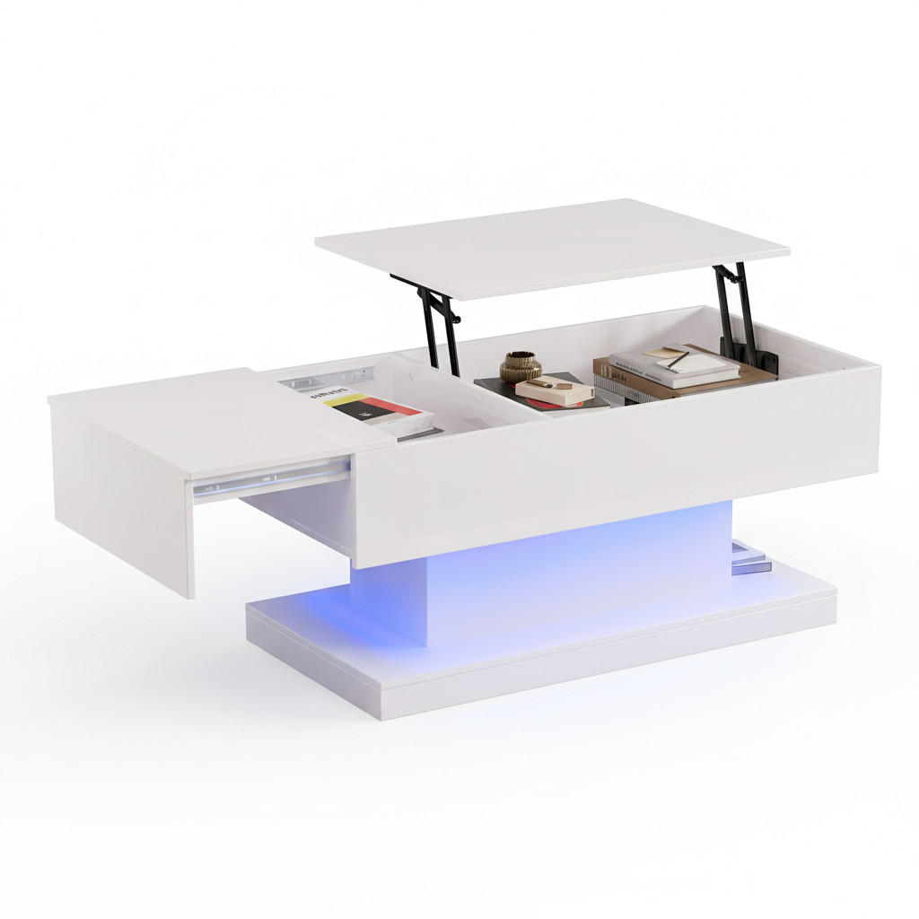 COUCHTISCH Weiß Hochglanz mit Stauraum & Lift-Top - Weiß, Holzwerkstoff/Metall (50/100/45cm) - Urban Meuble