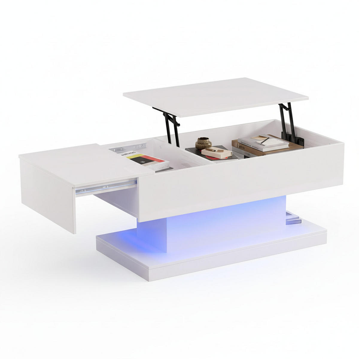 COUCHTISCH Weiß Hochglanz mit Stauraum & Lift-Top - Weiß, Holzwerkstoff/Metall (50/100/45cm) - Urban Meuble