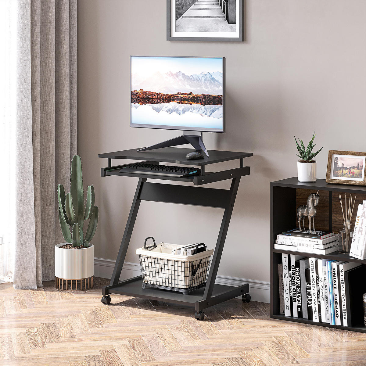 COMPUTERTISCH Schwarz rollbar mit Tastaturauszug und Ablage 60/48/73 cm - Schwarz, Holzwerkstoff (48/60/73cm) - PANGIVO