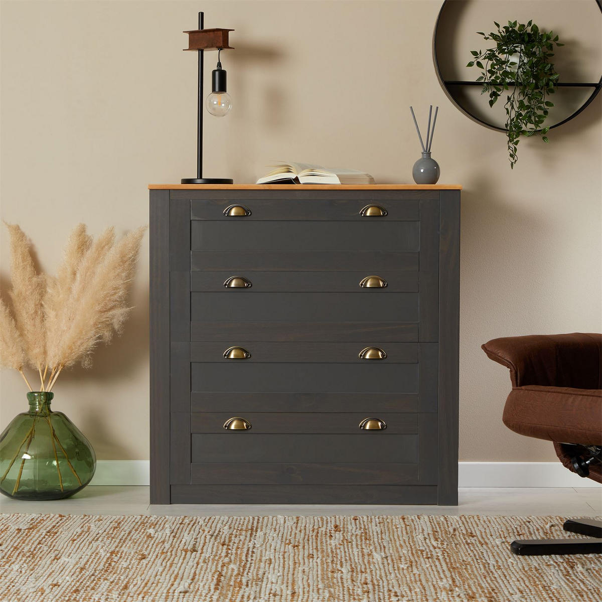 KOMMODE BOLTON - Anthrazit/Braun, Holz (91/93/40cm) - IDIMEX
