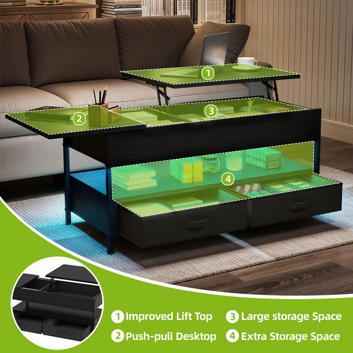 COUCHTISCH Höhenverstellbar 16 Farben LED 106x50x51.5 cm Holz mit Schubladen - Schwarz, Holz (1/1/1cm) - Kaket