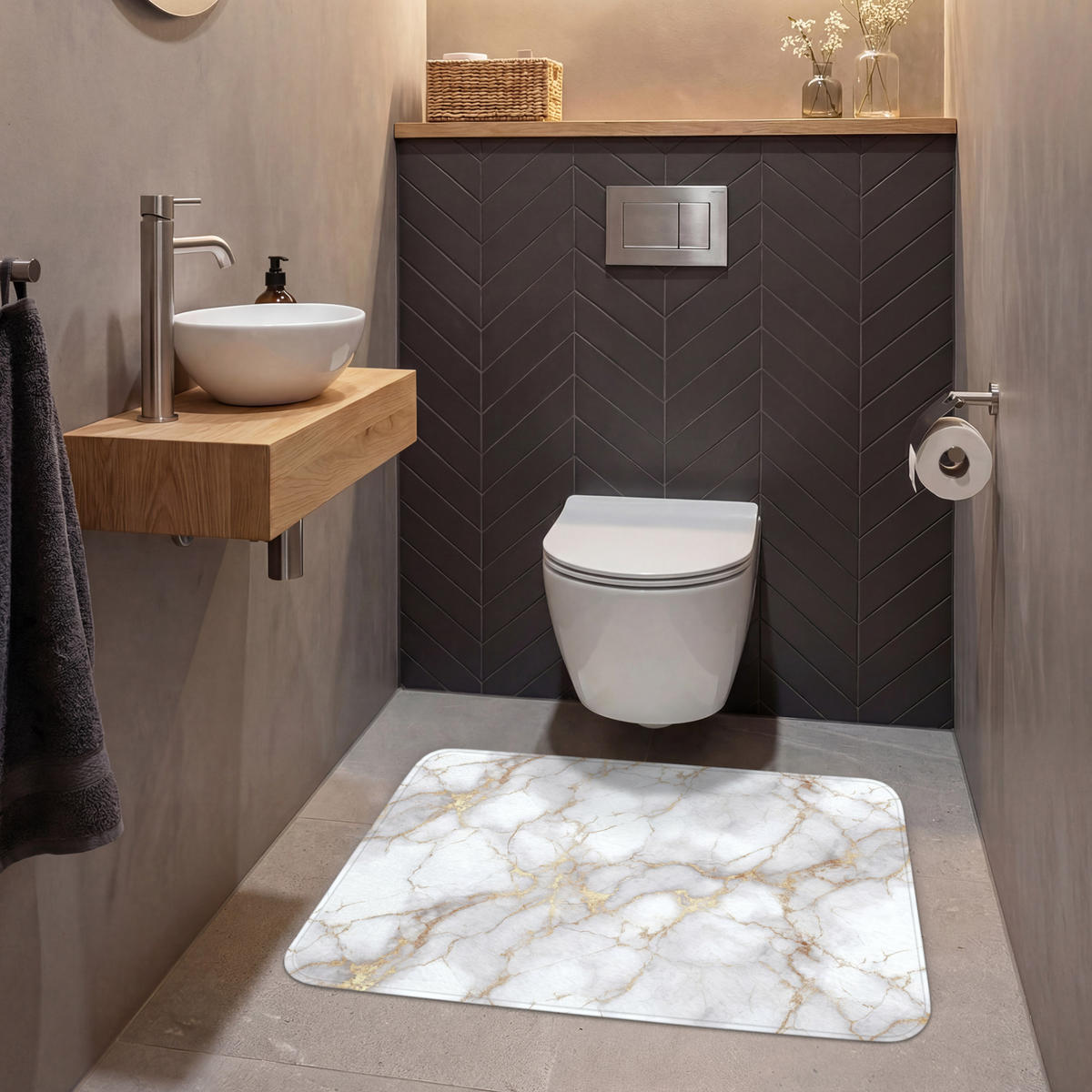 WC-VORLEGER Weiß - Gold - Marmor - Grau Toilettenteppich 90x60 cm - Weiß, Kunststoff/Textil (90/1cm) - OnlyWow