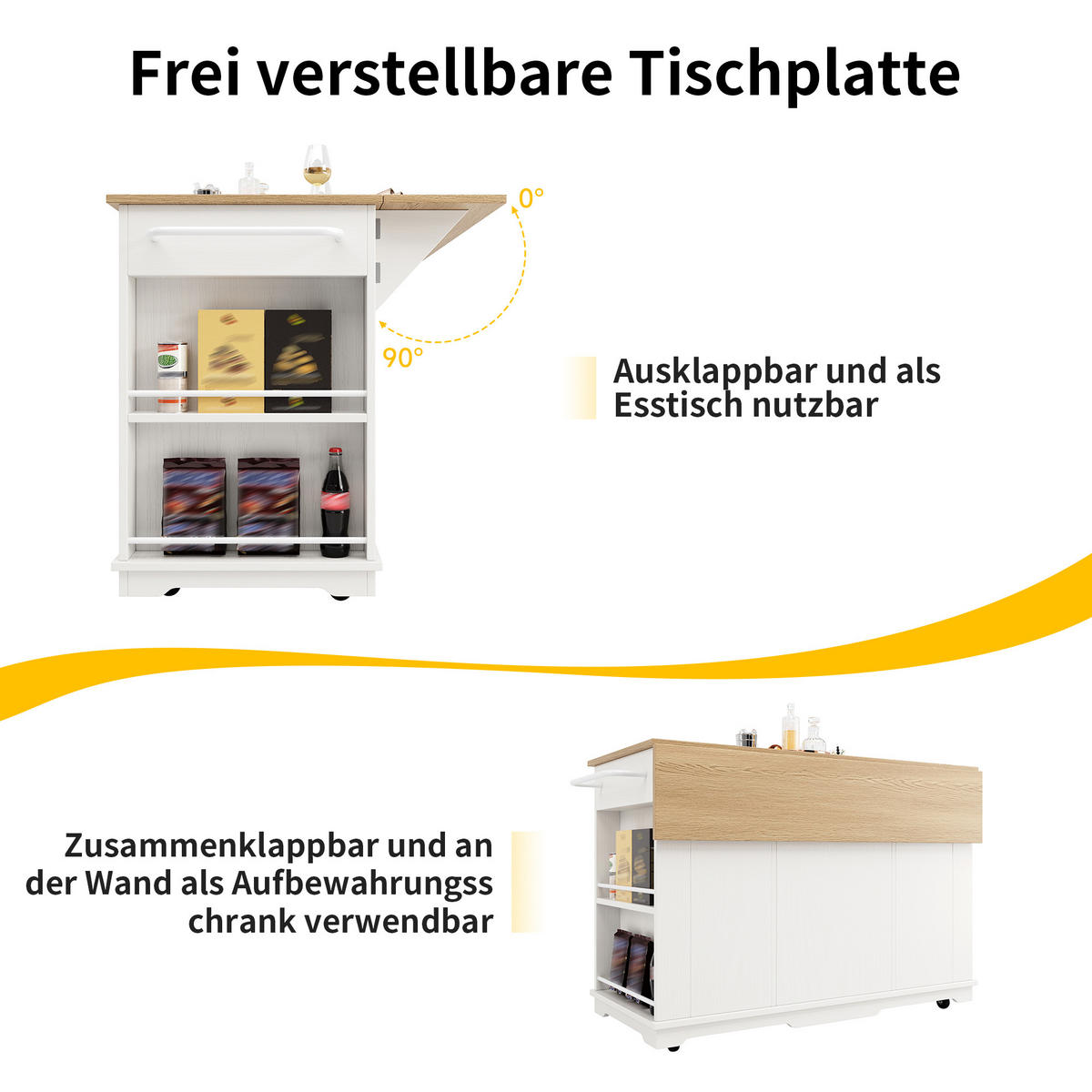 KÜCHENINSEL auf Rollen 151.5/60/91.7 cm Weiß mit 3 Schubladen und abnehmbare Trennwände - Weiß, Holz (60/91.7/151.5cm) - Oxeza