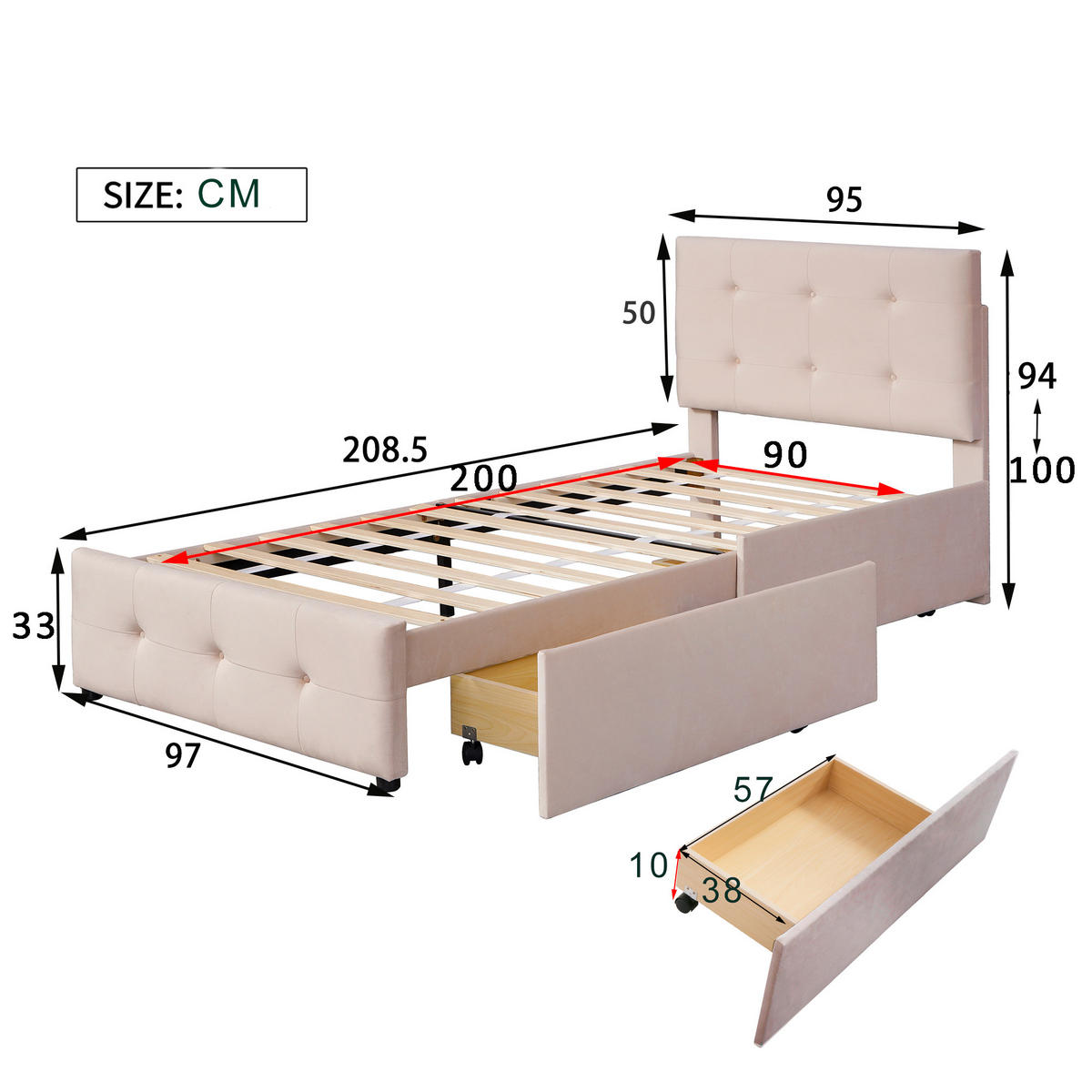 KINDERBETT 90/200 cm DE-01152, in Dunkelbeige, mit 2 Schubladen - Taupe, Metall (90/200cm) - ComfortXL