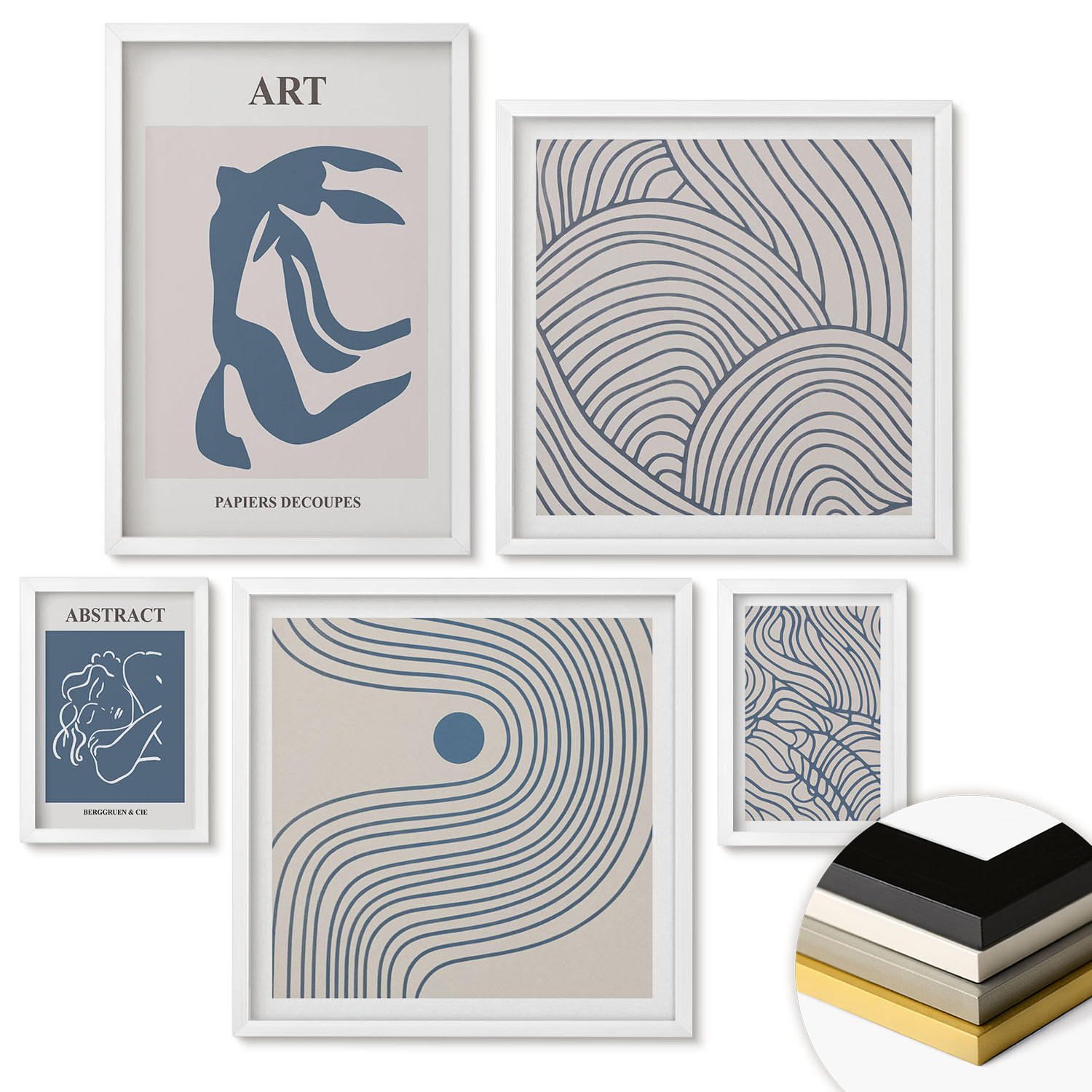 WANDBILDER 5er-Set - 50x50 cm & 20x30 cm & 40x60 cm Weißer Rahmen - Abstrakte blaue Linien - Weiß, Kunststoff (40/60cm) - ArtPrintCave