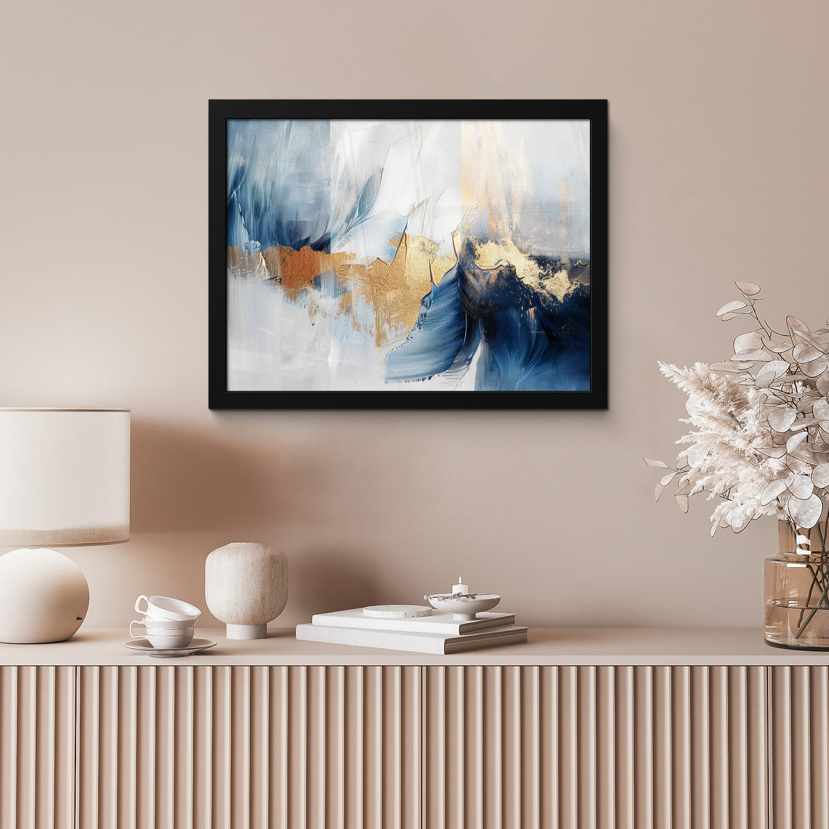 POSTER MIT RAHMEN Gold - Blau - Aquarell - Kunst - Modern 40x30 cm - Hellblau, Papier (40/30cm) - MuchoWow