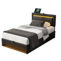 POLSTERBETT mit USB, LED und Stauraum 90x190 cm PU Schwarz - Schwarz, Metall (90/190cm) - Meubliv