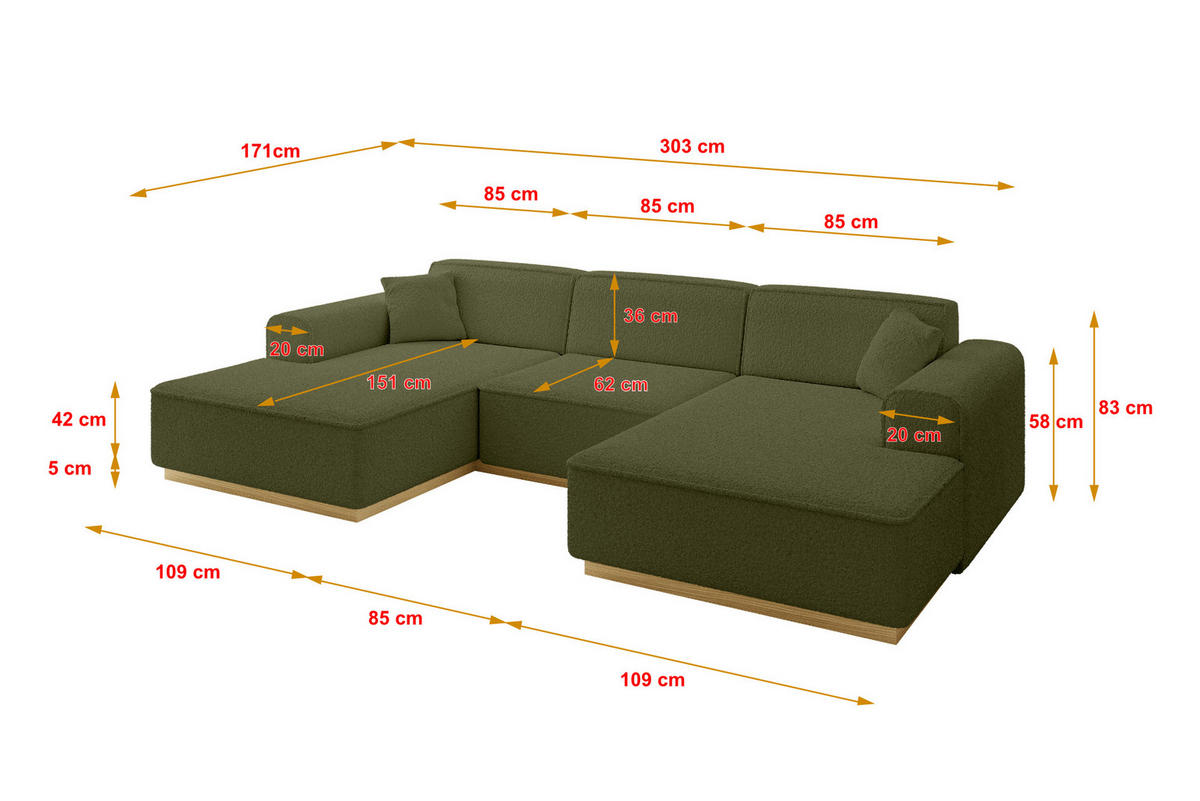 WOHNLANDSCHAFT IREA-U1-v2 - 303x171x83 cm Grün - Platinfarben, Holzwerkstoff/Textil (303/83/171cm) - ALTDECOR