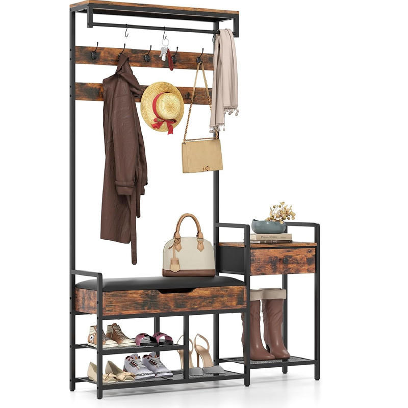 GARDEROBENSTÄNDER mit Schuhbank Rustikales braun - Braun, Holzwerkstoff (120/178/30cm) - COSTWAY