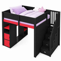 HOCHBETT 140/200 mit Schreibtisch, Stauraumtreppe, LED und USB in Schwarz und Rot - Rot/Schwarz, Holzwerkstoff (140/200cm) - EVRYAE