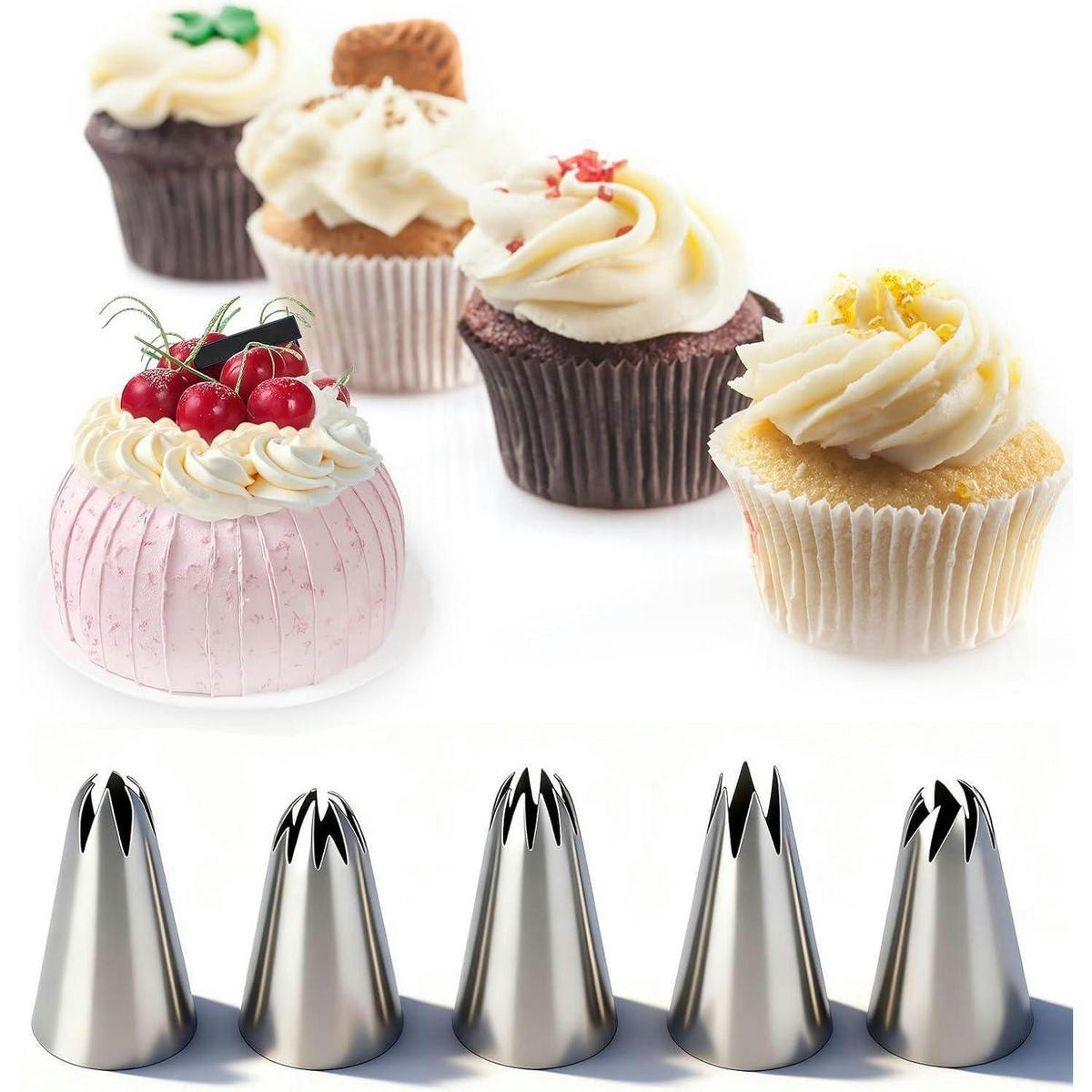 SPRITZTÜLLEN Set 10-teilig Edelstahl 304 für Kuchen und Cupcakes - Silberfarben, Metall (2.4/2.4/4.4cm)
