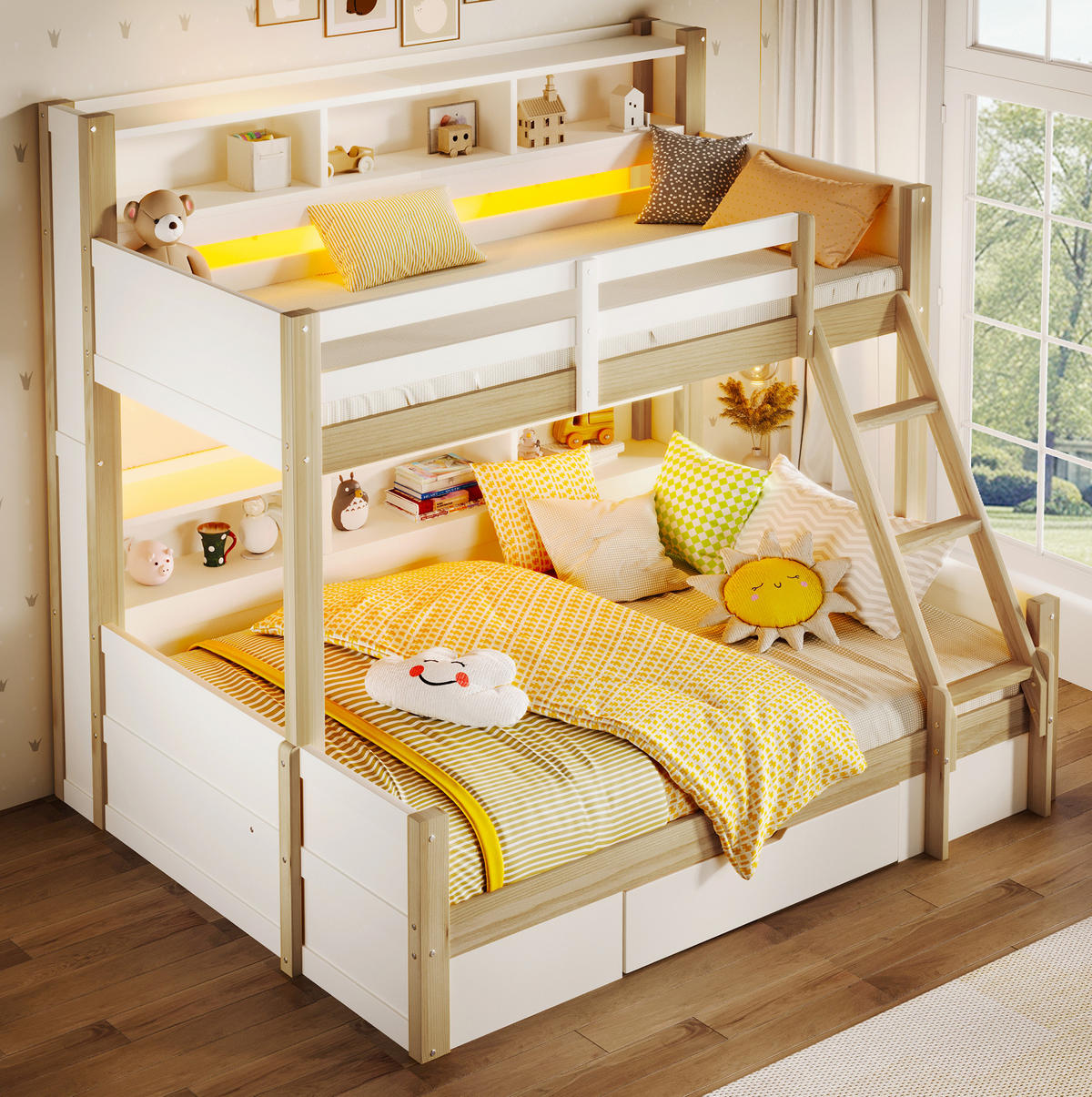 ETAGENBETT 90/200 & 140/200 cm aus Kiefernholz mit LED-Beleuchtung und Stauraum Weiß/Natur - Weiß, Holz (90/200cm) - Modenvie