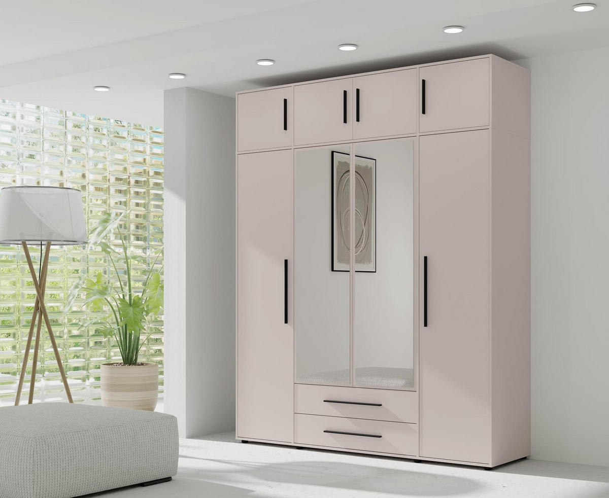KLEIDERSCHRANK Maxivo Kaschmir, viertüriger Kippschrank mit Schubladen und Spiegel, Erweiterung - Kaschmir/Schwarz, Holzwerkstoff (198/248/59cm) - Bettso